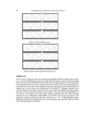 80 Computer Science & Information Technology (CS & IT)
Figure. 5. Stator currents (ia,ib,ic)
Figure.6. Stator currents with error factor 0.1 in ia
6. RESULTS
Vector control of Induction motor was simulated using Matlab Simulink and three stator currents
ia,ib,ic were noted. Multiplicative errors were implicated in the stator currents to obtain the training
data for neural network. The RBF Neural network with the implementation of k-means algorithm
was trained and tested. Every time numbers of clusters and radius in the k-means algorithm were
varied and the result of the k-means algorithm which gives the clusters center and the number of
training data in each cluster were implemented in the RBFNN. Maximum absolute error,
minimum absolute error (target- output) and root mean square error (RMSE) at different radius
and cluster in the network were found to reduce. Figure 7 shows that the minimum RMSE is at
125 clusters. So for 960 sets of training data maximum absolute error was 2.006, minimum
absolute error was 0.00022339 and the RMSE was 0.34525 at 125 clusters and radius 5. The
satisfactory output was obtained for the layer with neurons 3 – 125 – 3 (Input–Hidden–Output).
RBF neural network with implementation of k-means algorithm was trained with 960 sets of data
and satisfactory output was obtained.
 