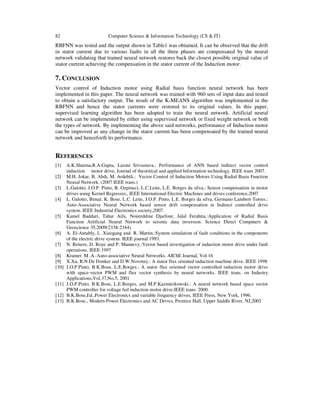 82 Computer Science & Information Technology (CS & IT)
RBFNN was tested and the output shown in Table1 was obtained. It can be observed that the drift
in stator current due to various faults in all the three phases are compensated by the neural
network validating that trained neural network restores back the closest possible original value of
stator current achieving the compensation in the stator current of the Induction motor.
7. CONCLUSION
Vector control of Induction motor using Radial basis function neural network has been
implemented in this paper. The neural network was trained with 960 sets of input data and tested
to obtain a satisfactory output. The result of the K-MEANS algorithm was implemented in the
RBFNN and hence the stator currents were restored to its original values. In this paper,
supervised learning algorithm has been adopted to train the neural network. Artificial neural
network can be implemented by either using supervised network or fixed weight network or both
the types of network. By implementing the above said networks, performance of Induction motor
can be improved as any change in the stator current has been compensated by the trained neural
network and henceforth its performance.
REFERENCES
[1] A.K.Sharma,R.A.Gupta, Laxmi Srivastava.: Performance of ANN based indirect vector control
induction motor drive, Journal of theoritical and applied Information technology. IEEE trans 2007.
[2] M.H. Jokar, B. Abdi, M. Ardebili.: Vector Control of Induction Motors Using Radial Basis Function
Neural Network. (2007 IEEE trans.)
[3] L.Galotto, J.O.P. Pinto, B. Ozpineci, L.C.Leite, L.E. Borges da silva,: Sensor compensation in motor
drives using Kernel Regressio., IEEE International Electric Machines and drives conference,2007
[4] L. Galotto, Bimal. K. Bose, L.C. Leite, J.O.P. Pinto, L.E. Borges da silva, Germano Lambert-Torres.:
Auto-Associative Neural Network based sensor drift compensation in Indirect controlled drive
system. IEEE Industrial Electronics society,2007.
[5] Kamel Baddari, Tahar Aifa, Noureddine Djarfour, Jalal Ferahtia.:Application of Radial Basis
Function Artificial Neural Network to seismic data inversion. Science Direct Computers &
Geoscience 35,2009(2338-2344).
[6] A. El-Antably, L. Xiaogang and R. Martin.:System simulation of fault conditions in the components
of the electric drive system. IEEE journal 1993.
[7] N. Reitere, D. Roye and P. Mannevy.:Vector based investigation of induction motor drive under fault
operations. IEEE 1997
[8] Kramer. M .A.:Auto-associative Neural Networks. AIChE Journal, Vol.16
[9] X.Xu, R.N.De Donker and D.W.Novotny.: A stator flux oriented induction machine drive. IEEE 1998
[10] J.O.P.Pinto, B.K.Bose, L.E.Borges.: A stator flux oriented vector controlled induction motor drive
with space-vector PWM and flux vector synthesis by neural networks. IEEE trans. on Industry
Applications,Vol.37,No.5, 2001
[11] J.O.P.Pinto, B.K.Bose, L.E.Borges, and M.P.Kazmierkowski.: A neural network based space vector
PWM controller for voltage fed induction motor drive.IEEE trans. 2000.
[12] B.K.Bose,Ed.,Power Electronics and variable frequency drives, IEEE Press, New York, 1996.
[13] B.K.Bose., Modern Power Electronics and AC Drives, Prentice Hall, Upper Saddle River, NJ,2002
 