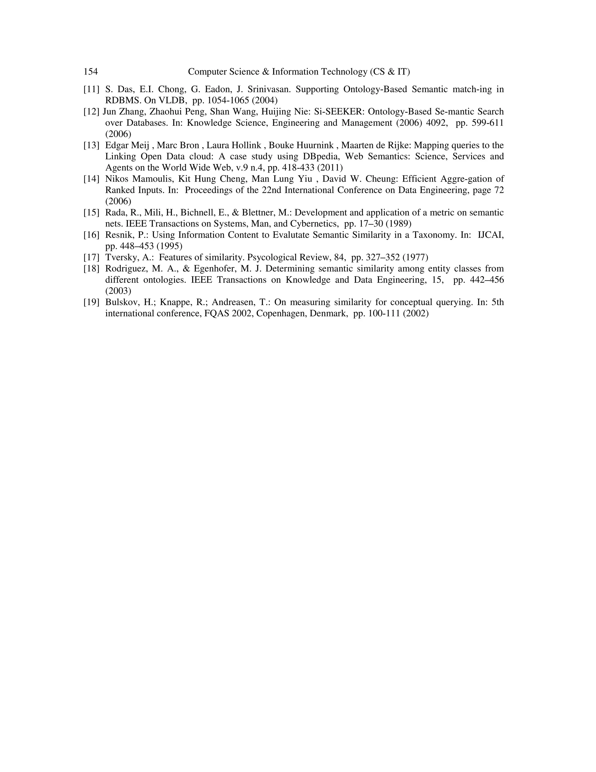 154 Computer Science & Information Technology (CS & IT)
[11] S. Das, E.I. Chong, G. Eadon, J. Srinivasan. Supporting Ontology-Based Semantic match-ing in
RDBMS. On VLDB, pp. 1054-1065 (2004)
[12] Jun Zhang, Zhaohui Peng, Shan Wang, Huijing Nie: Si-SEEKER: Ontology-Based Se-mantic Search
over Databases. In: Knowledge Science, Engineering and Management (2006) 4092, pp. 599-611
(2006)
[13] Edgar Meij , Marc Bron , Laura Hollink , Bouke Huurnink , Maarten de Rijke: Mapping queries to the
Linking Open Data cloud: A case study using DBpedia, Web Semantics: Science, Services and
Agents on the World Wide Web, v.9 n.4, pp. 418-433 (2011)
[14] Nikos Mamoulis, Kit Hung Cheng, Man Lung Yiu , David W. Cheung: Efficient Aggre-gation of
Ranked Inputs. In: Proceedings of the 22nd International Conference on Data Engineering, page 72
(2006)
[15] Rada, R., Mili, H., Bichnell, E., & Blettner, M.: Development and application of a metric on semantic
nets. IEEE Transactions on Systems, Man, and Cybernetics, pp. 17–30 (1989)
[16] Resnik, P.: Using Information Content to Evalutate Semantic Similarity in a Taxonomy. In: IJCAI,
pp. 448–453 (1995)
[17] Tversky, A.: Features of similarity. Psycological Review, 84, pp. 327–352 (1977)
[18] Rodriguez, M. A., & Egenhofer, M. J. Determining semantic similarity among entity classes from
different ontologies. IEEE Transactions on Knowledge and Data Engineering, 15, pp. 442–456
(2003)
[19] Bulskov, H.; Knappe, R.; Andreasen, T.: On measuring similarity for conceptual querying. In: 5th
international conference, FQAS 2002, Copenhagen, Denmark, pp. 100-111 (2002)
 