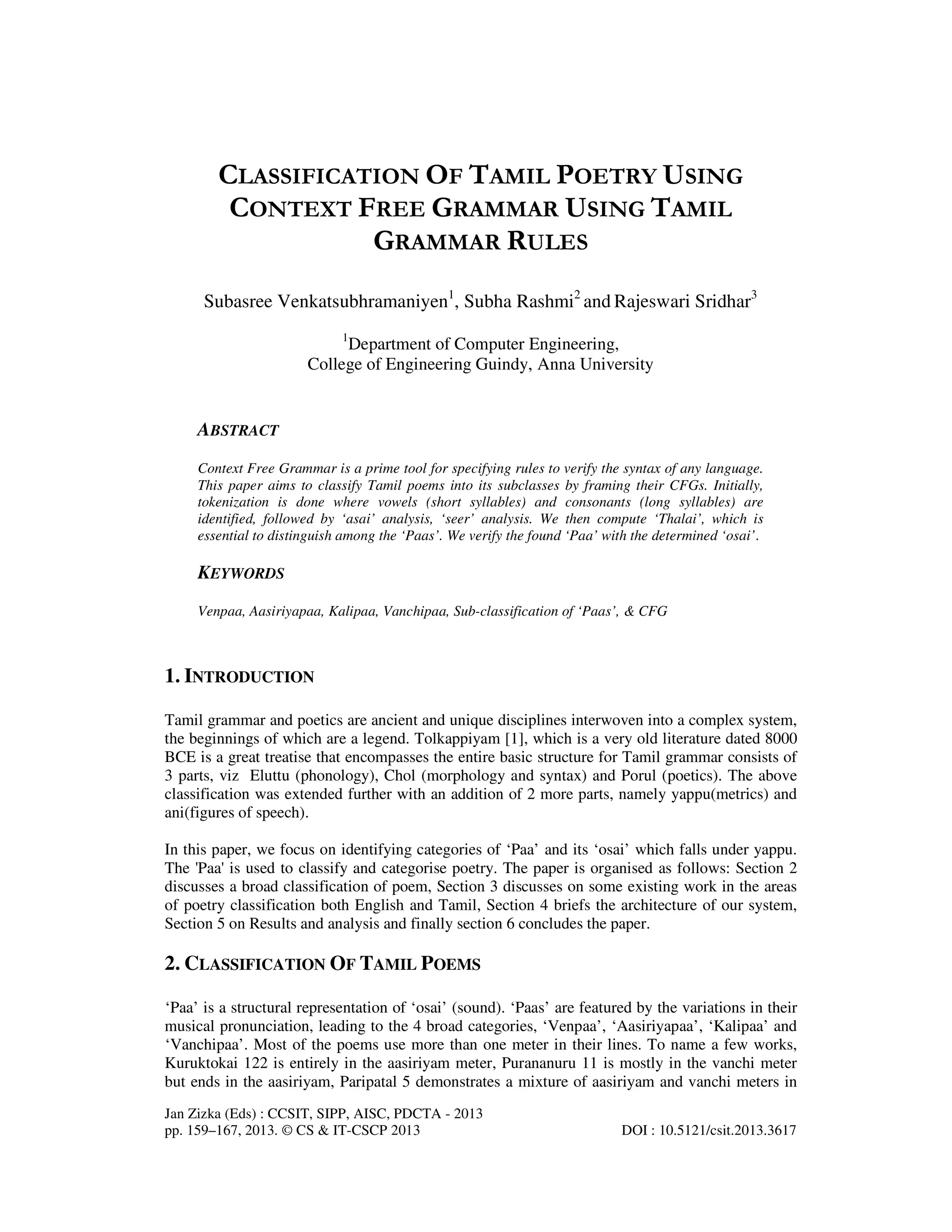 CLASSIFICATION OF TAMIL POETRY USING CONTEXT FREE GRAMMAR USING TAMIL ...