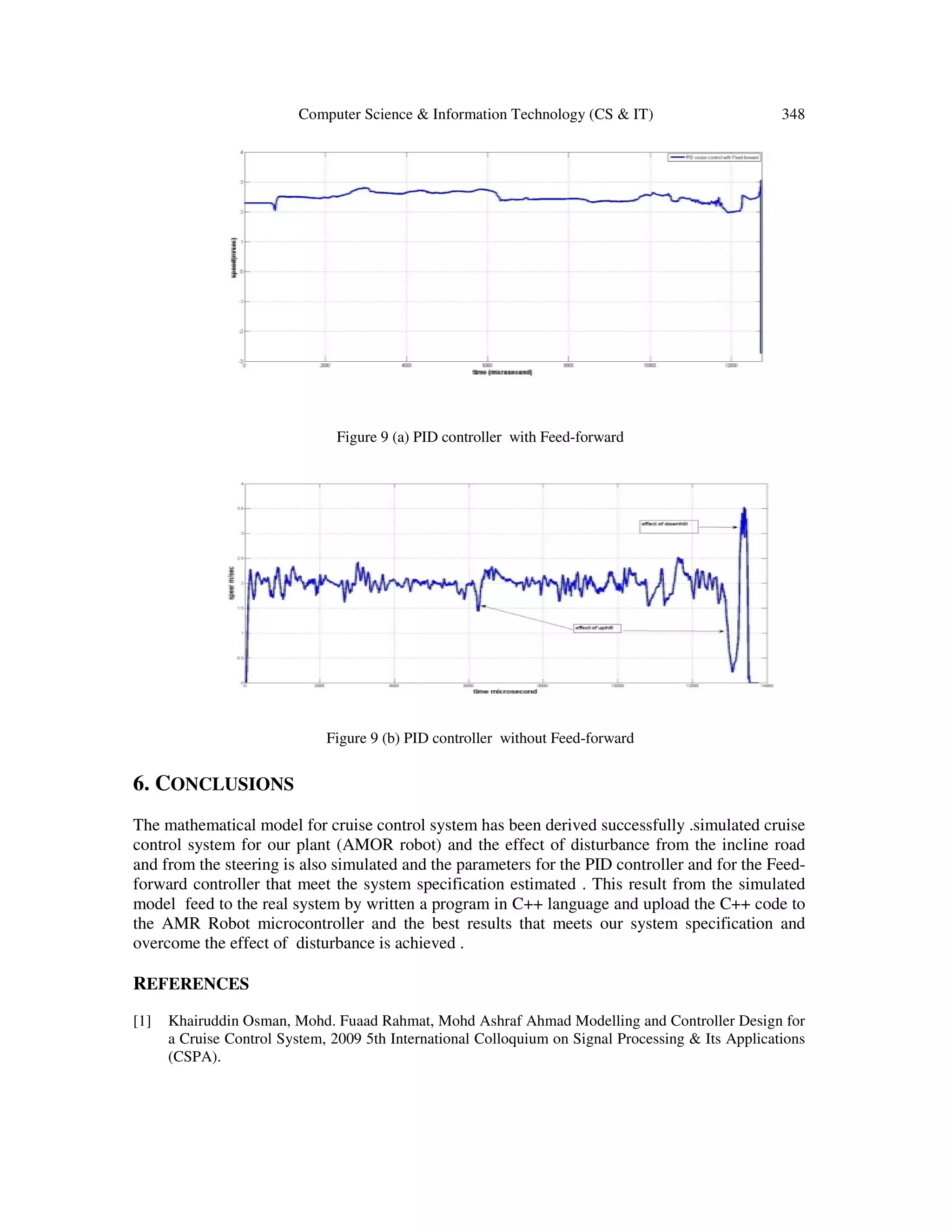 Computer Science & Information Technology (CS & IT) 348
Figure 9 (a) PID controller with Feed-forward
Figure 9 (b) PID controller without Feed-forward
6. CONCLUSIONS
The mathematical model for cruise control system has been derived successfully .simulated cruise
control system for our plant (AMOR robot) and the effect of disturbance from the incline road
and from the steering is also simulated and the parameters for the PID controller and for the Feed-
forward controller that meet the system specification estimated . This result from the simulated
model feed to the real system by written a program in C++ language and upload the C++ code to
the AMR Robot microcontroller and the best results that meets our system specification and
overcome the effect of disturbance is achieved .
REFERENCES
[1] Khairuddin Osman, Mohd. Fuaad Rahmat, Mohd Ashraf Ahmad Modelling and Controller Design for
a Cruise Control System, 2009 5th International Colloquium on Signal Processing & Its Applications
(CSPA).
 