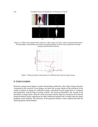 164 Computer Science & Information Technology (CS & IT)
(a) (b)
(c) (d)
Figure 6. (a) Shows the original frame content in a video stream, (b) and (c) shows foreground abstraction
through adaptive thresholding and window based thresholding (d) shows final segmentation through
entropy based threshold selection
Figure 7. Detection failure characteristics for different false alarm for input streams
5. CONCLUSIONS
Real-time entropy based adaptive window thresholding method for video object change detection
is proposed in this research. Local changes are taken into account. Based on the estimation of the
scatter of regions of change of a difference image, a threshold of each image block is computed
discriminatively with the help of entropy scheme. The universal threshold is the average of all
thresholds of image blocks. Both the visual assessment and the objective estimation show that the
proposed method clearly outperforms the other traditional methods and is steadier than the spatial
properties based methods. The efficiency of the proposed method is much sophisticated than the
spatial properties based methods.
 