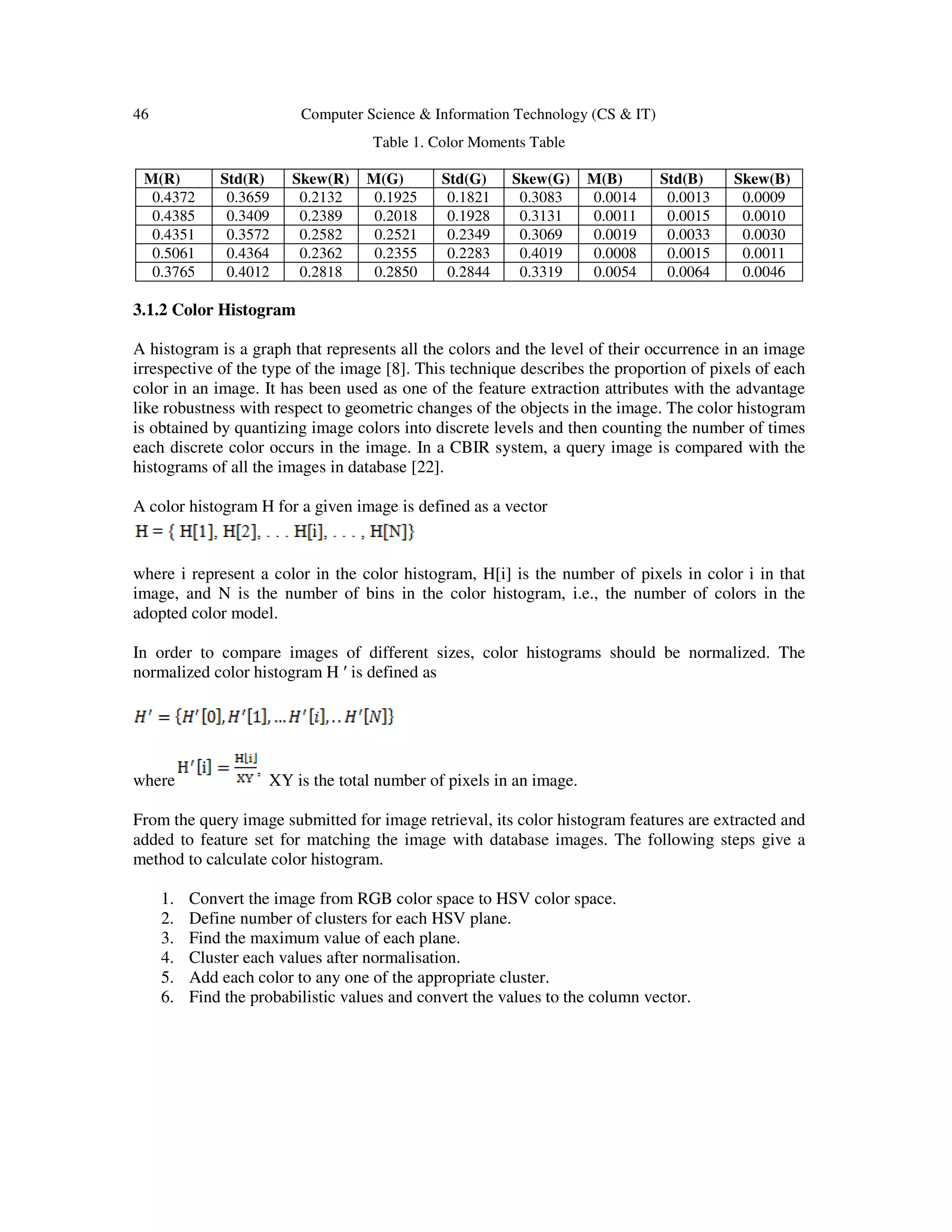 46 Computer Science & Information Technology (CS & IT)
Table 1. Color Moments Table
M(R) Std(R) Skew(R) M(G) Std(G) Skew(G) M(B) Std(B) Skew(B)
0.4372 0.3659 0.2132 0.1925 0.1821 0.3083 0.0014 0.0013 0.0009
0.4385 0.3409 0.2389 0.2018 0.1928 0.3131 0.0011 0.0015 0.0010
0.4351 0.3572 0.2582 0.2521 0.2349 0.3069 0.0019 0.0033 0.0030
0.5061 0.4364 0.2362 0.2355 0.2283 0.4019 0.0008 0.0015 0.0011
0.3765 0.4012 0.2818 0.2850 0.2844 0.3319 0.0054 0.0064 0.0046
3.1.2 Color Histogram
A histogram is a graph that represents all the colors and the level of their occurrence in an image
irrespective of the type of the image [8]. This technique describes the proportion of pixels of each
color in an image. It has been used as one of the feature extraction attributes with the advantage
like robustness with respect to geometric changes of the objects in the image. The color histogram
is obtained by quantizing image colors into discrete levels and then counting the number of times
each discrete color occurs in the image. In a CBIR system, a query image is compared with the
histograms of all the images in database [22].
A color histogram H for a given image is defined as a vector
where i represent a color in the color histogram, H[i] is the number of pixels in color i in that
image, and N is the number of bins in the color histogram, i.e., the number of colors in the
adopted color model.
In order to compare images of different sizes, color histograms should be normalized. The
normalized color histogram H ′ is defined as
where XY is the total number of pixels in an image.
From the query image submitted for image retrieval, its color histogram features are extracted and
added to feature set for matching the image with database images. The following steps give a
method to calculate color histogram.
1. Convert the image from RGB color space to HSV color space.
2. Define number of clusters for each HSV plane.
3. Find the maximum value of each plane.
4. Cluster each values after normalisation.
5. Add each color to any one of the appropriate cluster.
6. Find the probabilistic values and convert the values to the column vector.
 