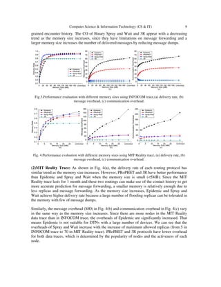 Computer Science & Information Technology (CS & IT) 9
grained encounter history. The CO of Binary Spray and Wait and 3R appear with a decreasing
trend as the memory size increases, since they have limitations on message forwarding and a
larger memory size increases the number of delivered messages by reducing message dumps.
Fig.3.Performance evaluation with different memory sizes using INFOCOM trace,(a) delivery rate, (b)
message overhead, (c) communication overhead.
Fig. 4.Performance evaluation with different memory sizes using MIT Reality trace, (a) delivery rate, (b)
message overhead, (c) communication overhead.
(2)MIT Reality Trace: As shown in Fig. 4(a), the delivery rate of each routing protocol has
similar trend as the memory size increases. However, PRoPHET and 3R have better performance
than Epidemic and Spray and Wait when the memory size is small (<5MB). Since the MIT
Reality trace lasts for 1 month and these two routings can make use of the contact history to get
more accurate prediction for message forwarding, a smaller memory is relatively enough due to
less replicas and message forwarding. As the memory size increases, Epidemic and Spray and
Wait achieve higher delivery rate because a large number of flooding replicas can be tolerated in
the memory with few of message dumps.
Similarly, the message overhead (MO) in Fig. 4(b) and communication overhead in Fig. 4(c) vary
in the same way as the memory size increases. Since there are more nodes in the MIT Reality
data trace than in INFOCOM trace, the overheads of Epidemic are significantly increased. That
means Epidemic is not suitable for DTNs with a large number of devices. We can see that the
overheads of Spray and Wait increase with the increase of maximum allowed replicas (from 5 in
INFOCOM trace to 70 in MIT Reality trace). PRoPHET and 3R protocols have lower overhead
for both data traces, which is determined by the popularity of nodes and the activeness of each
node.
 