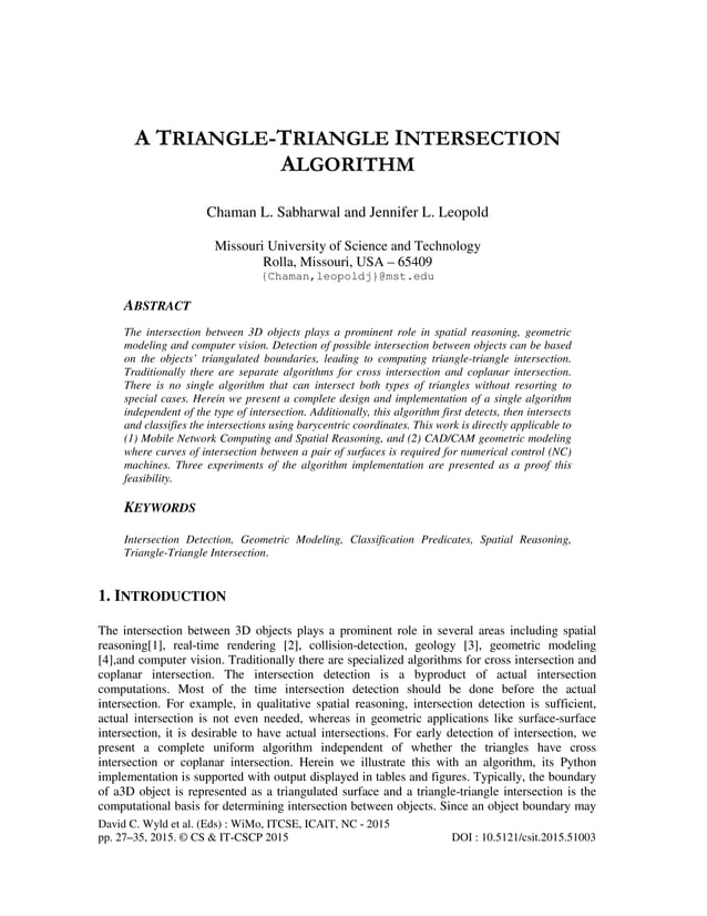 A TRIANGLE-TRIANGLE INTERSECTION ALGORITHM | PDF