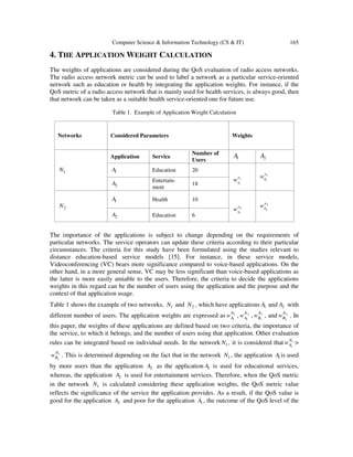 Computer Science & Information Technology (CS & IT) 165
4. THE APPLICATION WEIGHT CALCULATION
The weights of applications are considered during the QoS evaluation of radio access networks.
The radio access network metric can be used to label a network as a particular service-oriented
network such as education or health by integrating the application weights. For instance, if the
QoS metric of a radio access network that is mainly used for health services, is always good, then
that network can be taken as a suitable health service-oriented one for future use.
Table 1. Example of Application Weight Calculation
The importance of the applications is subject to change depending on the requirements of
particular networks. The service operators can update these criteria according to their particular
circumstances. The criteria for this study have been formulated using the studies relevant to
distance education-based service models [15]. For instance, in these service models,
Videoconferencing (VC) bears more significance compared to voice-based applications. On the
other hand, in a more general sense, VC may be less significant than voice-based applications as
the latter is more easily amiable to the users. Therefore, the criteria to decide the applications
weights in this regard can be the number of users using the application and the purpose and the
context of that application usage.
Table 1 shows the example of two networks, 1N and 2N , which have applications 1A and 2A with
different number of users. The application weights are expressed as 1
1
N
Aw , 2
1
N
Aw , 1
1
N
Bw , and 2
2
N
Bw . In
this paper, the weights of these applications are defined based on two criteria, the importance of
the service, to which it belongs, and the number of users using that application. Other evaluation
rules can be integrated based on individual needs. In the network 1N , it is considered that 1
1
N
Aw >
1
1
N
Bw . This is determined depending on the fact that in the network 1N , the application 1A is used
by more users than the application 2A as the application 1A is used for educational services,
whereas, the application 2A is used for entertainment services. Therefore, when the QoS metric
in the network 1N is calculated considering these application weights, the QoS metric value
reflects the significance of the service the application provides. As a result, if the QoS value is
good for the application 2A and poor for the application 1A , the outcome of the QoS level of the
Networks Considered Parameters Weights
1N
Application Service
Number of
Users 1A 2A
1A Education 20
1
1
N
A
w
1
1
N
B
w
2A Entertain-
ment
18
2N
1A Health 10
2
1
N
A
w
2
2
N
B
w
2A Education 6
 