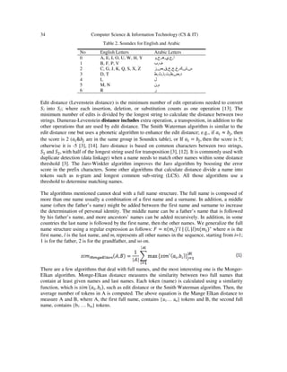 34 Computer Science & Information Technology (CS & IT)
Table 2. Soundex for English and Arabic
No English Letters Arabic Letters
0 A, E, I, O, U, W, H, Y ‫ا‬,‫ع‬,‫ي‬,‫ھـ‬,‫ح‬,‫و‬
1 B, F, P, V ‫ف‬,‫ب‬
2 C, G, J, K, Q, S, X, Z ‫س‬,‫ش‬,‫ك‬,‫غ‬,‫ج‬,‫خ‬,‫ق‬,‫ص‬,‫ز‬
3 D, T ‫د‬,‫ض‬,‫ظ‬,‫ت‬,‫ذ‬,‫ث‬,‫ط‬
4 L ‫ل‬
5 M, N ‫م‬,‫ن‬
6 R ‫ر‬
Edit distance (Levenstein distance) is the minimum number of edit operations needed to convert
S1 into S2; where each insertion, deletion, or substitution counts as one operation [13]. The
minimum number of edits is divided by the longest string to calculate the distance between two
strings. Damerau-Levenstein distance includes extra operation, a transposition, in addition to the
other operations that are used by edit distance. The Smith Waterman algorithm is similar to the
edit distance one but uses a phonetic algorithm to enhance the edit distance; e.g., if ܽ௜ ≈ ܾ௝, then
the score is 2 (ܽ௜&ܾ௝ are in the same group in Soundex table), or If ܽ௜ = ܾ௝, then the score is 5;
otherwise it is -5 [3], [14]. Jaro distance is based on common characters between two strings,
ܵଵ and ܵଶ, with half of the longest string used for transposition [3], [12]. It is commonly used with
duplicate detection (data linkage) when a name needs to match other names within some distance
threshold [3]. The Jaro-Winkler algorithm improves the Jaro algorithm by boosting the error
score in the prefix characters. Some other algorithms that calculate distance divide a name into
tokens such as n-gram and longest common sub-string (LCS). All those algorithms use a
threshold to determine matching names.
The algorithms mentioned cannot deal with a full name structure. The full name is composed of
more than one name usually a combination of a first name and a surname. In addition, a middle
name (often the father’s name) might be added between the first name and surname to increase
the determination of personal identity. The middle name can be a father’s name that is followed
by his father’s name, and more ancestors’ names can be added recursively. In addition, in some
countries the last name is followed by the first name, then the other names. We generalize the full
name structure using a regular expression as follows: ‫ܨ‬ = ݊ሺ݉௜)∗
݈ | ሺ݈, |݈)݊ሺ݉௜)∗
where n is the
first name, l is the last name, and mi represents all other names in the sequence, starting from i=1;
1 is for the father, 2 is for the grandfather, and so on.
There are a few algorithms that deal with full names, and the most interesting one is the Monger-
Elkan algorithm. Monge-Elkan distance measures the similarity between two full names that
contain at least given names and last names. Each token (name) is calculated using a similarity
function, which is ‫݉݅ݏ‬′ሺܽ௜, ܾ௜), such as edit distance or the Smith Waterman algorithm. Then, the
average number of tokens in A is computed. The above equation is the Mange Elkan distance to
measure A and B, where A, the first full name, contains {a1… an} tokens and B, the second full
name, contains {b1 … bm} tokens.
 