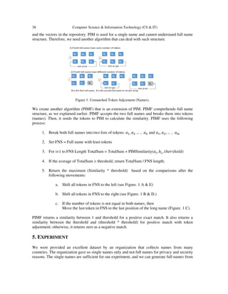 38 Computer Science & Information Technology (CS & IT)
and the vectors in the repository. PIM is used for a single name and cannot understand full name
structure. Therefore, we need another algorithm that can deal with such structure.
Figure 1. Unmatched Token Adjcement (Names).
We create another algorithm (PIMF) that is an extension of PIM. PIMF comprehends full name
structure, as we explained earlier. PIMF accepts the two full names and breaks them into tokens
(names). Then, it sends the tokens to PIM to calculate the similarity. PIMF uses the following
process:
1. Break both full names into two lists of tokens: ܽଵ, ܽଶ … , ܽ௡ and ܽଵ, ܽଶ, … , ܽ௠
2. Set FNS = Full name with least tokens
3. For i=1 to FNS Length TotalSum = TotalSum + PIMSimilarity(ܽ௜, ܾ௜,, ‫ݐ‬ℎ݁‫ݏݎ‬ℎ‫)݈݀݋‬
4. If the average of TotalSum > threshold, return TotalSum / FNS length;
5. Return the maximum (Similarity * threshold) based on the comparisons after the
following movements:
a. Shift all tokens in FNS to the left (see Figure. 1 A & E)
b. Shift all tokens in FNS to the right (see Figure. 1 B & D.)
c. If the number of tokens is not equal in both names, then
Move the last token in FNS to the last position of the long name (Figure. 1 C).
PIMF returns a similarity between 1 and threshold for a positive exact match. It also returns a
similarity between the threshold and (threshold * threshold) for positive match with token
adjustment; otherwise, it returns zero as a negative match.
5. EXPERIMENT
We were provided an excellent dataset by an organization that collects names from many
countries. The organization gave us single names only and not full names for privacy and security
reasons. The single names are sufficient for our experiment, and we can generate full names from
 
