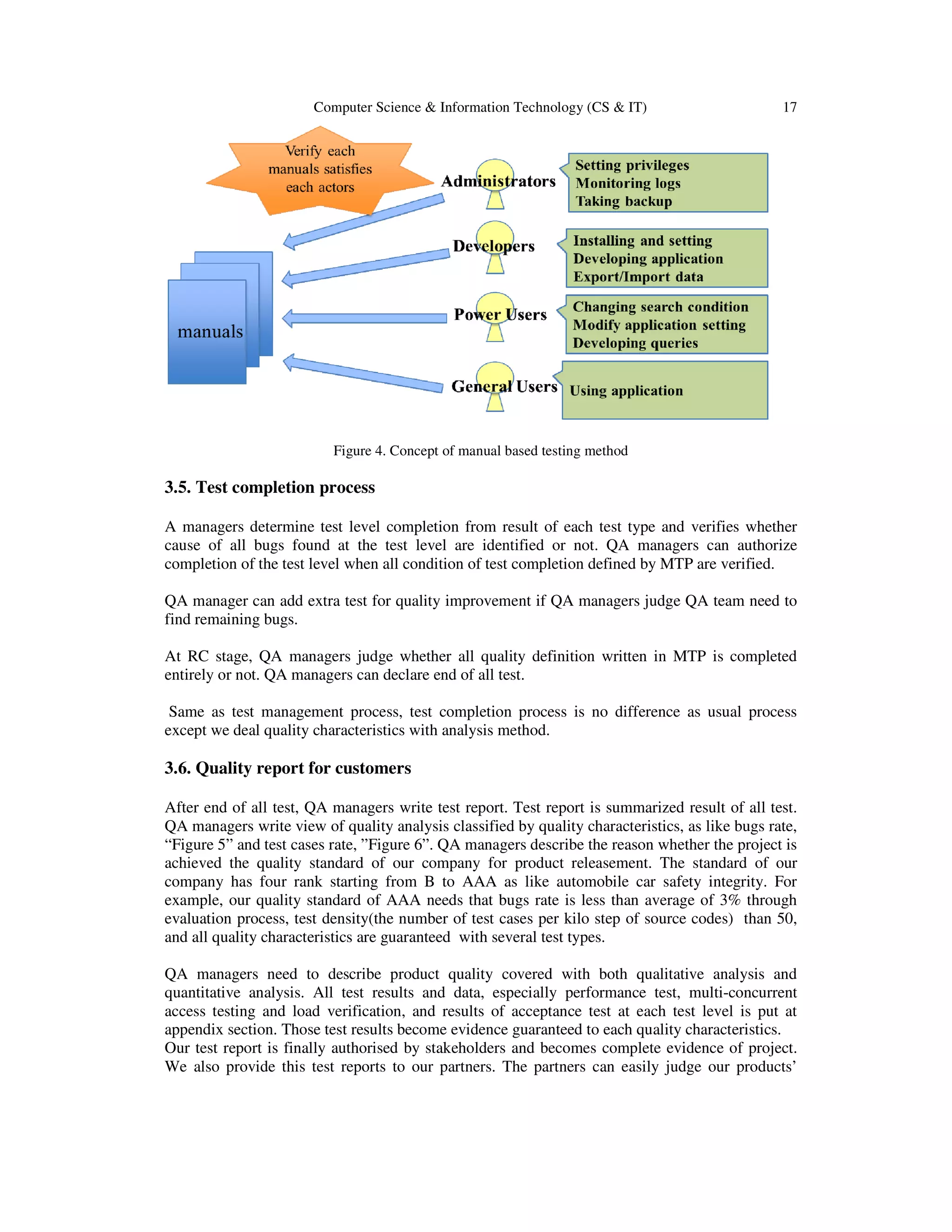 Computer Science & Information Technology (CS & IT) 17
Figure 4. Concept of manual based testing method
3.5. Test completion process
A managers determine test level completion from result of each test type and verifies whether
cause of all bugs found at the test level are identified or not. QA managers can authorize
completion of the test level when all condition of test completion defined by MTP are verified.
QA manager can add extra test for quality improvement if QA managers judge QA team need to
find remaining bugs.
At RC stage, QA managers judge whether all quality definition written in MTP is completed
entirely or not. QA managers can declare end of all test.
Same as test management process, test completion process is no difference as usual process
except we deal quality characteristics with analysis method.
3.6. Quality report for customers
After end of all test, QA managers write test report. Test report is summarized result of all test.
QA managers write view of quality analysis classified by quality characteristics, as like bugs rate,
“Figure 5” and test cases rate, ”Figure 6”. QA managers describe the reason whether the project is
achieved the quality standard of our company for product releasement. The standard of our
company has four rank starting from B to AAA as like automobile car safety integrity. For
example, our quality standard of AAA needs that bugs rate is less than average of 3% through
evaluation process, test density(the number of test cases per kilo step of source codes) than 50,
and all quality characteristics are guaranteed with several test types.
QA managers need to describe product quality covered with both qualitative analysis and
quantitative analysis. All test results and data, especially performance test, multi-concurrent
access testing and load verification, and results of acceptance test at each test level is put at
appendix section. Those test results become evidence guaranteed to each quality characteristics.
Our test report is finally authorised by stakeholders and becomes complete evidence of project.
We also provide this test reports to our partners. The partners can easily judge our products’
 