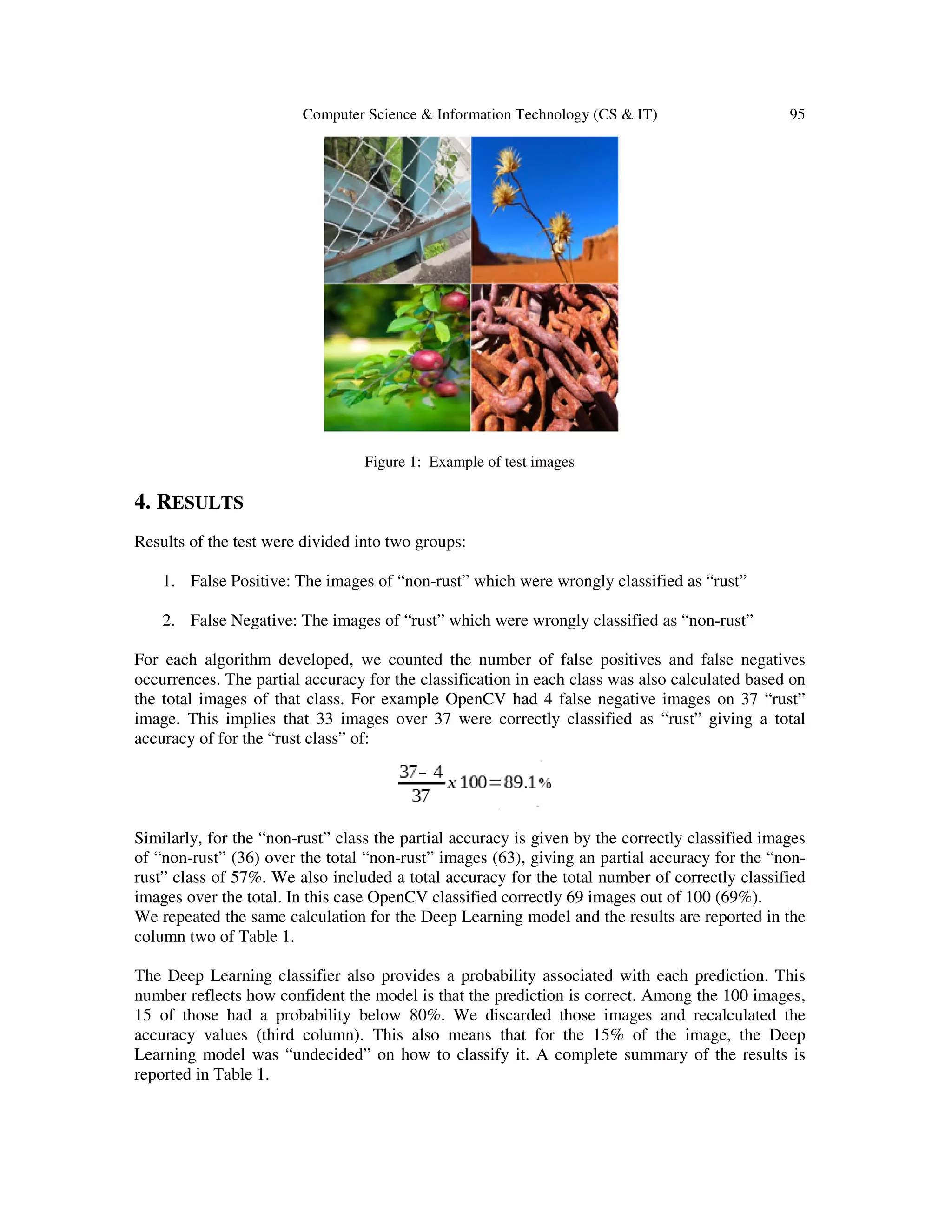 Computer Science & Information Technology (CS & IT) 95
Figure 1: Example of test images
4. RESULTS
Results of the test were divided into two groups:
1. False Positive: The images of “non-rust” which were wrongly classified as “rust”
2. False Negative: The images of “rust” which were wrongly classified as “non-rust”
For each algorithm developed, we counted the number of false positives and false negatives
occurrences. The partial accuracy for the classification in each class was also calculated based on
the total images of that class. For example OpenCV had 4 false negative images on 37 “rust”
image. This implies that 33 images over 37 were correctly classified as “rust” giving a total
accuracy of for the “rust class” of:
Similarly, for the “non-rust” class the partial accuracy is given by the correctly classified images
of “non-rust” (36) over the total “non-rust” images (63), giving an partial accuracy for the “non-
rust” class of 57%. We also included a total accuracy for the total number of correctly classified
images over the total. In this case OpenCV classified correctly 69 images out of 100 (69%).
We repeated the same calculation for the Deep Learning model and the results are reported in the
column two of Table 1.
The Deep Learning classifier also provides a probability associated with each prediction. This
number reflects how confident the model is that the prediction is correct. Among the 100 images,
15 of those had a probability below 80%. We discarded those images and recalculated the
accuracy values (third column). This also means that for the 15% of the image, the Deep
Learning model was “undecided” on how to classify it. A complete summary of the results is
reported in Table 1.
 