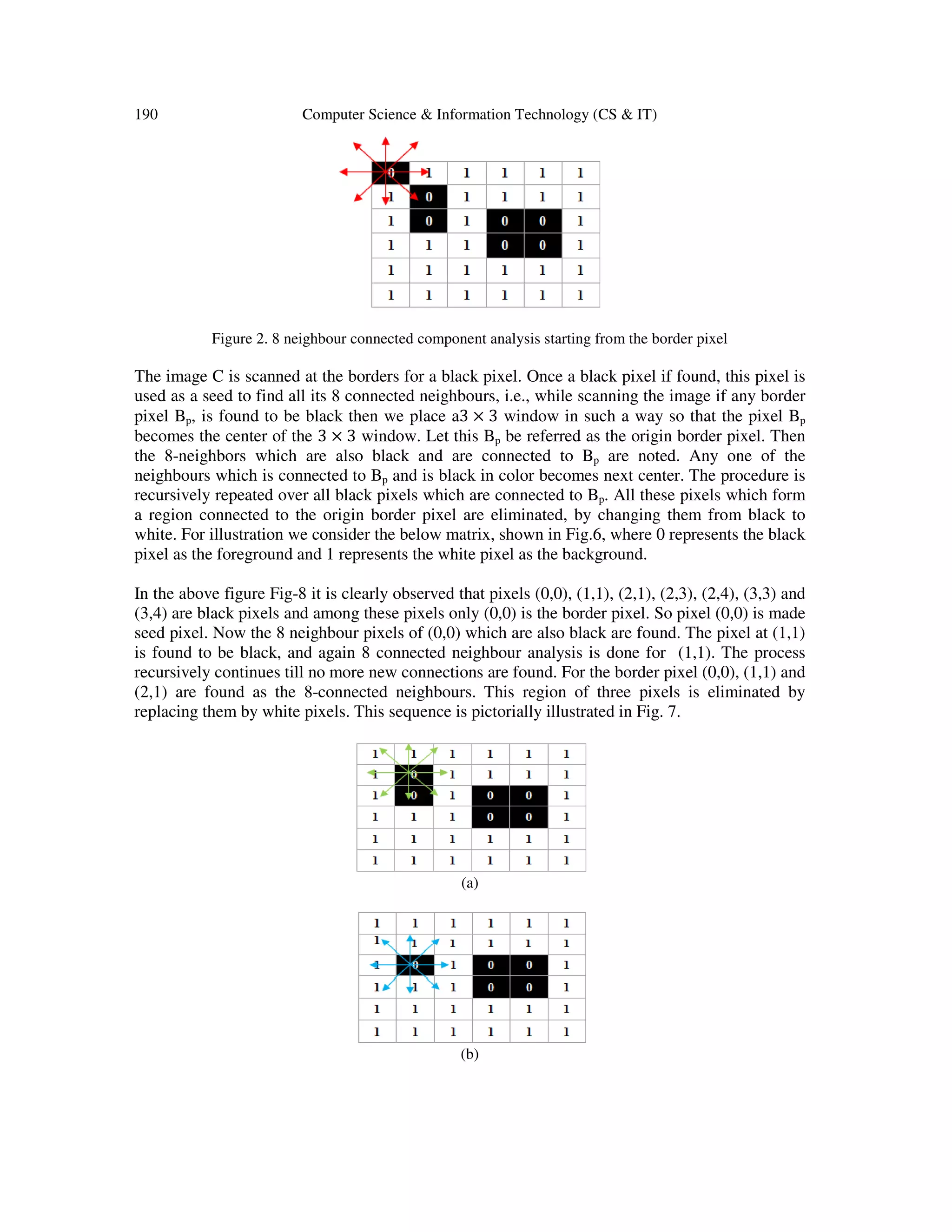 190 Computer Science & Information Technology (CS & IT)
Figure 2. 8 neighbour connected component analysis starting from the border pixel
The image C is scanned at the borders for a black pixel. Once a black pixel if found, this pixel is
used as a seed to find all its 8 connected neighbours, i.e., while scanning the image if any border
pixel Bp, is found to be black then we place a3 × 3 window in such a way so that the pixel Bp
becomes the center of the 3 × 3 window. Let this Bp be referred as the origin border pixel. Then
the 8-neighbors which are also black and are connected to Bp are noted. Any one of the
neighbours which is connected to Bp and is black in color becomes next center. The procedure is
recursively repeated over all black pixels which are connected to Bp. All these pixels which form
a region connected to the origin border pixel are eliminated, by changing them from black to
white. For illustration we consider the below matrix, shown in Fig.6, where 0 represents the black
pixel as the foreground and 1 represents the white pixel as the background.
In the above figure Fig-8 it is clearly observed that pixels (0,0), (1,1), (2,1), (2,3), (2,4), (3,3) and
(3,4) are black pixels and among these pixels only (0,0) is the border pixel. So pixel (0,0) is made
seed pixel. Now the 8 neighbour pixels of (0,0) which are also black are found. The pixel at (1,1)
is found to be black, and again 8 connected neighbour analysis is done for (1,1). The process
recursively continues till no more new connections are found. For the border pixel (0,0), (1,1) and
(2,1) are found as the 8-connected neighbours. This region of three pixels is eliminated by
replacing them by white pixels. This sequence is pictorially illustrated in Fig. 7.
(a)
(b)
 