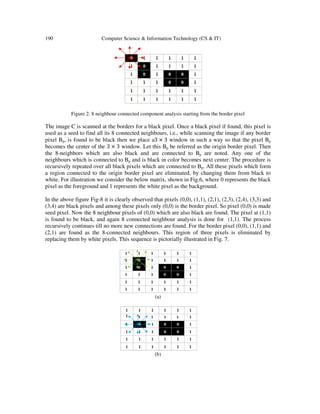 190 Computer Science & Information Technology (CS & IT)
Figure 2. 8 neighbour connected component analysis starting from the border pixel
The image C is scanned at the borders for a black pixel. Once a black pixel if found, this pixel is
used as a seed to find all its 8 connected neighbours, i.e., while scanning the image if any border
pixel Bp, is found to be black then we place a3 × 3 window in such a way so that the pixel Bp
becomes the center of the 3 × 3 window. Let this Bp be referred as the origin border pixel. Then
the 8-neighbors which are also black and are connected to Bp are noted. Any one of the
neighbours which is connected to Bp and is black in color becomes next center. The procedure is
recursively repeated over all black pixels which are connected to Bp. All these pixels which form
a region connected to the origin border pixel are eliminated, by changing them from black to
white. For illustration we consider the below matrix, shown in Fig.6, where 0 represents the black
pixel as the foreground and 1 represents the white pixel as the background.
In the above figure Fig-8 it is clearly observed that pixels (0,0), (1,1), (2,1), (2,3), (2,4), (3,3) and
(3,4) are black pixels and among these pixels only (0,0) is the border pixel. So pixel (0,0) is made
seed pixel. Now the 8 neighbour pixels of (0,0) which are also black are found. The pixel at (1,1)
is found to be black, and again 8 connected neighbour analysis is done for (1,1). The process
recursively continues till no more new connections are found. For the border pixel (0,0), (1,1) and
(2,1) are found as the 8-connected neighbours. This region of three pixels is eliminated by
replacing them by white pixels. This sequence is pictorially illustrated in Fig. 7.
(a)
(b)
 