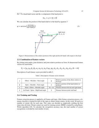 Computer Science & Information Technology (CS & IT) 15
݄݁ െ ݄തതതതതതതതത is head-hand vector and the x-component of the head joint is:
݄݁௫ ൌ ‫ݔ‬ଵଓ̂ ൅ 0ଔ̂ ൅ 0݇෠
We can calculate the position of the hand relative to the head by equation 3
߮ ൌ ܽ‫ݏ݋ܿܿݎ‬ ቀ
௛௘ି௛തതതതതതതത∙௛௘ೣതതതതത
|௛௘ି௛തതതതതതതത||௛௘ೣതതതതത|
ቁ (3)
Figure 4. Demonstration of the relative position of the right and the left hands with respect to the head
2.3. Combination of feature vectors
By joining joint angles, joint distances and joint relative position we form 18 dimensional feature
vectors for each frame.
‫ܨ‬஼ ൌ ሾߛ௅, ߛோ, ߚ௅, ߚோ, ߙ௅, ߙோ, ߪ௅, ߪோ, ߲, ߮௅, ߮ோ, ݀௟௦, ݀௥௦, ݀௟௘, ݀௥௘, ݀௟௛,݀௥௛, ݈݄ െ ‫݄ݎ‬ሿ
Description of each feature vector provided in table 2.
Table 2. Description of feature vector elements
γ Elbow – Shoulder – Neck angle φ
Relative position of the elbow relative to
the head
β Spine – Shoulder – Neck angle σ
Relative position of the hand relative to
the head
α Hand – Elbow – Shoulder angle lh െ rh Distance between the left and right hands
∂ Left hand – Spine – Right hand angle d Distance between joints and head
2.4. Training and Testing
Feature extraction process is applied to all frames and signs. After feature extraction process, a k-
means classifier is trained for each of the signs to obtain cluster centers. In this work, 40 used as a
number of cluster (K) for each sign. This value was decided as empirically yielding the best
inner-class division. Cluster centers are used for training system. HMM is trained by using Baum-
Welch algorithm [10]. To calculate the recognition accuracy rate, the total number of correct
recognitions is divided by total number of tests.
 