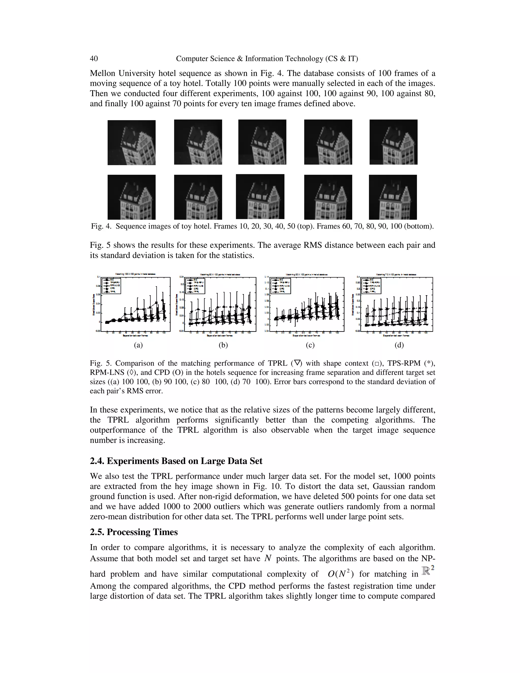 40 Computer Science & Information Technology (CS & IT)
Mellon University hotel sequence as shown in Fig. 4. The database consists of 100 frames of a
moving sequence of a toy hotel. Totally 100 points were manually selected in each of the images.
Then we conducted four different experiments, 100 against 100, 100 against 90, 100 against 80,
and finally 100 against 70 points for every ten image frames defined above.
Fig. 4. Sequence images of toy hotel. Frames 10, 20, 30, 40, 50 (top). Frames 60, 70, 80, 90, 100 (bottom).
Fig. 5 shows the results for these experiments. The average RMS distance between each pair and
its standard deviation is taken for the statistics.
(a) (b) (c) (d)
Fig. 5. Comparison of the matching performance of TPRL (▽) with shape context (□), TPS-RPM (*),
RPM-LNS (◊), and CPD (O) in the hotels sequence for increasing frame separation and different target set
sizes ((a) 100 100, (b) 90 100, (c) 80 100, (d) 70 100). Error bars correspond to the standard deviation of
each pair’s RMS error.
In these experiments, we notice that as the relative sizes of the patterns become largely different,
the TPRL algorithm performs significantly better than the competing algorithms. The
outperformance of the TPRL algorithm is also observable when the target image sequence
number is increasing.
2.4. Experiments Based on Large Data Set
We also test the TPRL performance under much larger data set. For the model set, 1000 points
are extracted from the hey image shown in Fig. 10. To distort the data set, Gaussian random
ground function is used. After non-rigid deformation, we have deleted 500 points for one data set
and we have added 1000 to 2000 outliers which was generate outliers randomly from a normal
zero-mean distribution for other data set. The TPRL performs well under large point sets.
2.5. Processing Times
In order to compare algorithms, it is necessary to analyze the complexity of each algorithm.
Assume that both model set and target set have N points. The algorithms are based on the NP-
hard problem and have similar computational complexity of 2
( )O N for matching in
Among the compared algorithms, the CPD method performs the fastest registration time under
large distortion of data set. The TPRL algorithm takes slightly longer time to compute compared
 