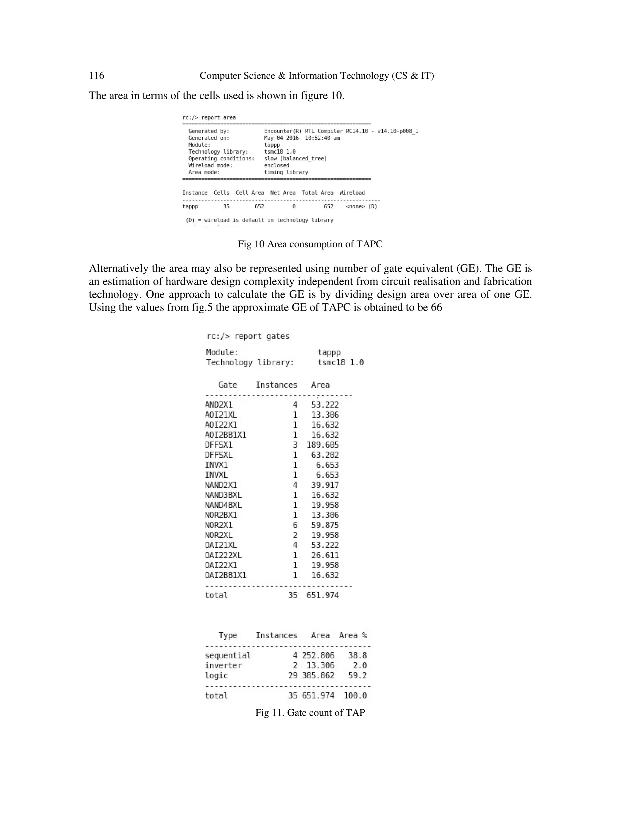 116 Computer Science & Information Technology (CS & IT)
The area in terms of the cells used is shown in figure 10.
Fig 10 Area consumption of TAPC
Alternatively the area may also be represented using number of gate equivalent (GE). The GE is
an estimation of hardware design complexity independent from circuit realisation and fabrication
technology. One approach to calculate the GE is by dividing design area over area of one GE.
Using the values from fig.5 the approximate GE of TAPC is obtained to be 66
Fig 11. Gate count of TAP
 