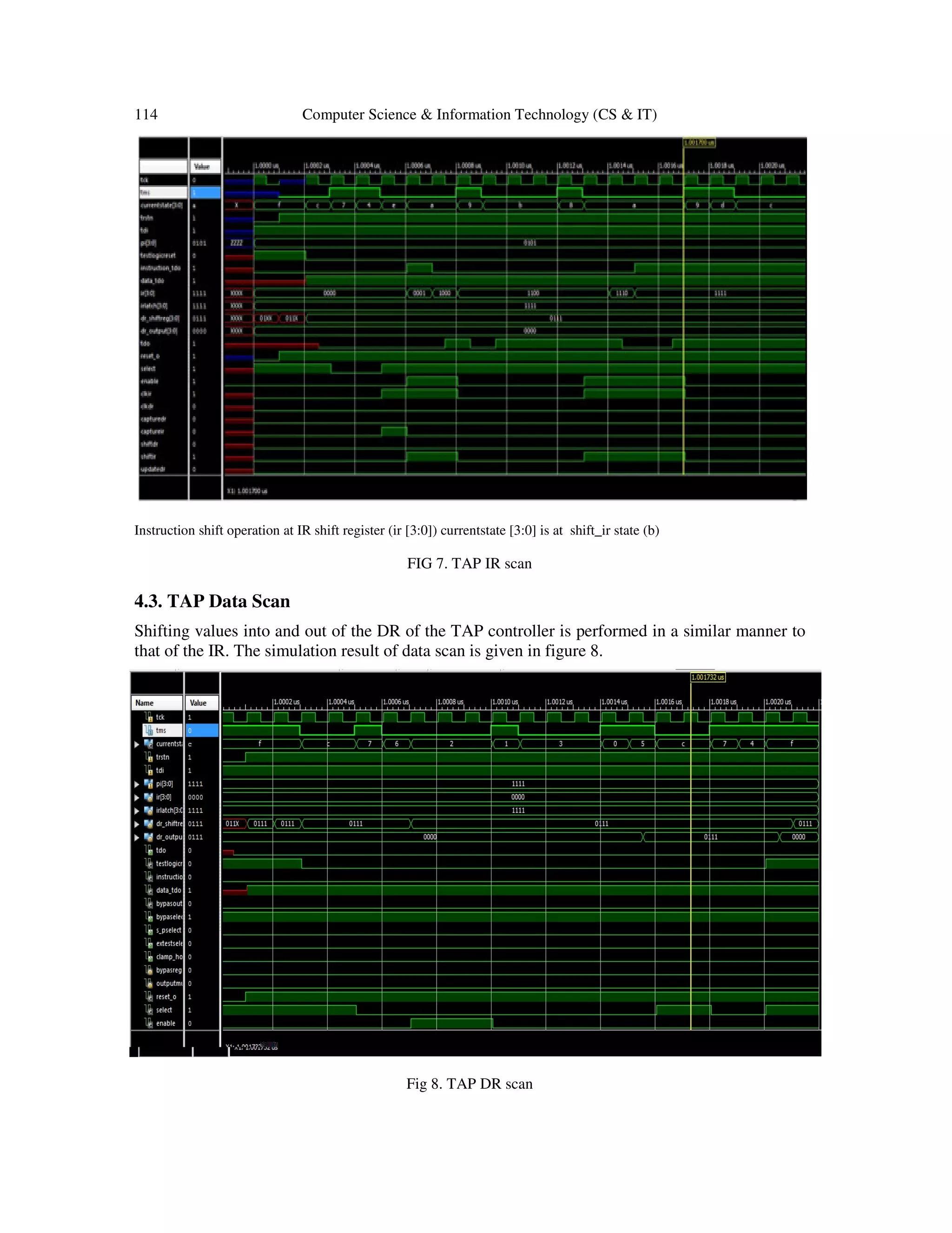 114 Computer Science & Information Technology (CS & IT)
Instruction shift operation at IR shift register (ir [3:0]) currentstate [3:0] is at shift_ir state (b)
FIG 7. TAP IR scan
4.3. TAP Data Scan
Shifting values into and out of the DR of the TAP controller is performed in a similar manner to
that of the IR. The simulation result of data scan is given in figure 8.
Fig 8. TAP DR scan
 