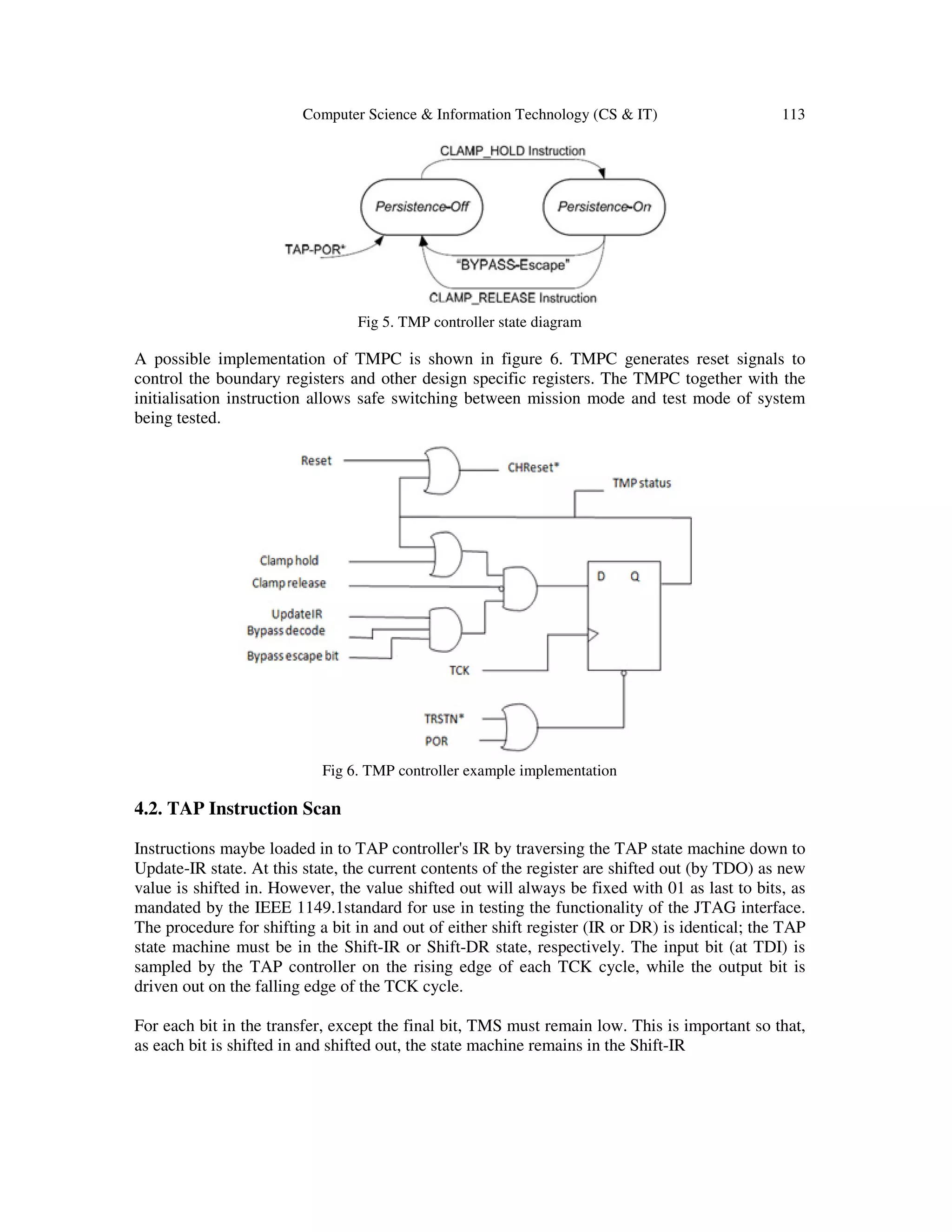 Computer Science & Information Technology (CS & IT) 113
Fig 5. TMP controller state diagram
A possible implementation of TMPC is shown in figure 6. TMPC generates reset signals to
control the boundary registers and other design specific registers. The TMPC together with the
initialisation instruction allows safe switching between mission mode and test mode of system
being tested.
Fig 6. TMP controller example implementation
4.2. TAP Instruction Scan
Instructions maybe loaded in to TAP controller's IR by traversing the TAP state machine down to
Update-IR state. At this state, the current contents of the register are shifted out (by TDO) as new
value is shifted in. However, the value shifted out will always be fixed with 01 as last to bits, as
mandated by the IEEE 1149.1standard for use in testing the functionality of the JTAG interface.
The procedure for shifting a bit in and out of either shift register (IR or DR) is identical; the TAP
state machine must be in the Shift-IR or Shift-DR state, respectively. The input bit (at TDI) is
sampled by the TAP controller on the rising edge of each TCK cycle, while the output bit is
driven out on the falling edge of the TCK cycle.
For each bit in the transfer, except the final bit, TMS must remain low. This is important so that,
as each bit is shifted in and shifted out, the state machine remains in the Shift-IR
 