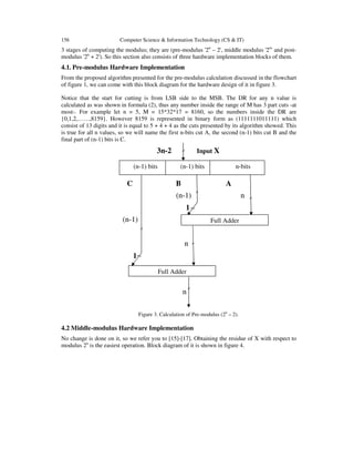 156 Computer Science & Information Technology (CS & IT)
3 stages of computing the modulus; they are (pre-modulus '2n
– 2', middle modulus '2n
' and post-
modulus '2n
+ 2'). So this section also consists of three hardware implementation blocks of them.
4.1. Pre-modulus Hardware Implementation
From the proposed algorithm presented for the pre-modulus calculation discussed in the flowchart
of figure 1, we can come with this block diagram for the hardware design of it in figure 3.
Notice that the start for cutting is from LSB side to the MSB. The DR for any n value is
calculated as was shown in formula (2), thus any number inside the range of M has 3 part cuts -at
most-. For example let n = 5, M = 15*32*17 = 8160, so the numbers inside the DR are
{0,1,2,……,8159}. However 8159 is represented in binary form as (1111111011111) which
consist of 13 digits and it is equal to 5 + 4 + 4 as the cuts presented by its algorithm showed. This
is true for all n values, so we will name the first n-bits cut A, the second (n-1) bits cut B and the
final part of (n-1) bits is C.
3n-2 Input X
C B A
(n-1) n
1
(n-1)
n
1
n
Figure 3. Calculation of Pre-modulus (2n
– 2).
4.2 Middle-modulus Hardware Implementation
No change is done on it, so we refer you to [15]-[17]. Obtaining the residue of X with respect to
modulus 2n
is the easiest operation. Block diagram of it is shown in figure 4.
(n-1) bits (n-1) bits n-bits
Full Adder
Full Adder
 