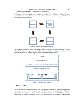 Computer Science & Information Technology (CS & IT) 191
3.3. Full configuration for a virtualization migration
In this paper, the flow of the proposed migration method is shown in Figure 4. If an overload or
deterioration occurs in the server then the allocation of resources occurs quickly for the
determination of the migration.
Figure 3. Proposed-migration-structure flow
The proposed monitoring system checks the status of the server, the Target-machine Selection
Algorithm selects the target machine, and an automated orchestration process allocates the
resources. By using the dynamic-page technique, the migration is performed.
Figure 4. Proposed system structure
4. CONCLUSION
The development of cloud computing has led to many changes for both individuals and
companies over recent years. Companies that provide cloud computing are therefore obliged to
provide the best services to their customers and the companies in receipt of their services;
furthermore, in addition to ensuring the effective management of their resources, they need to
 