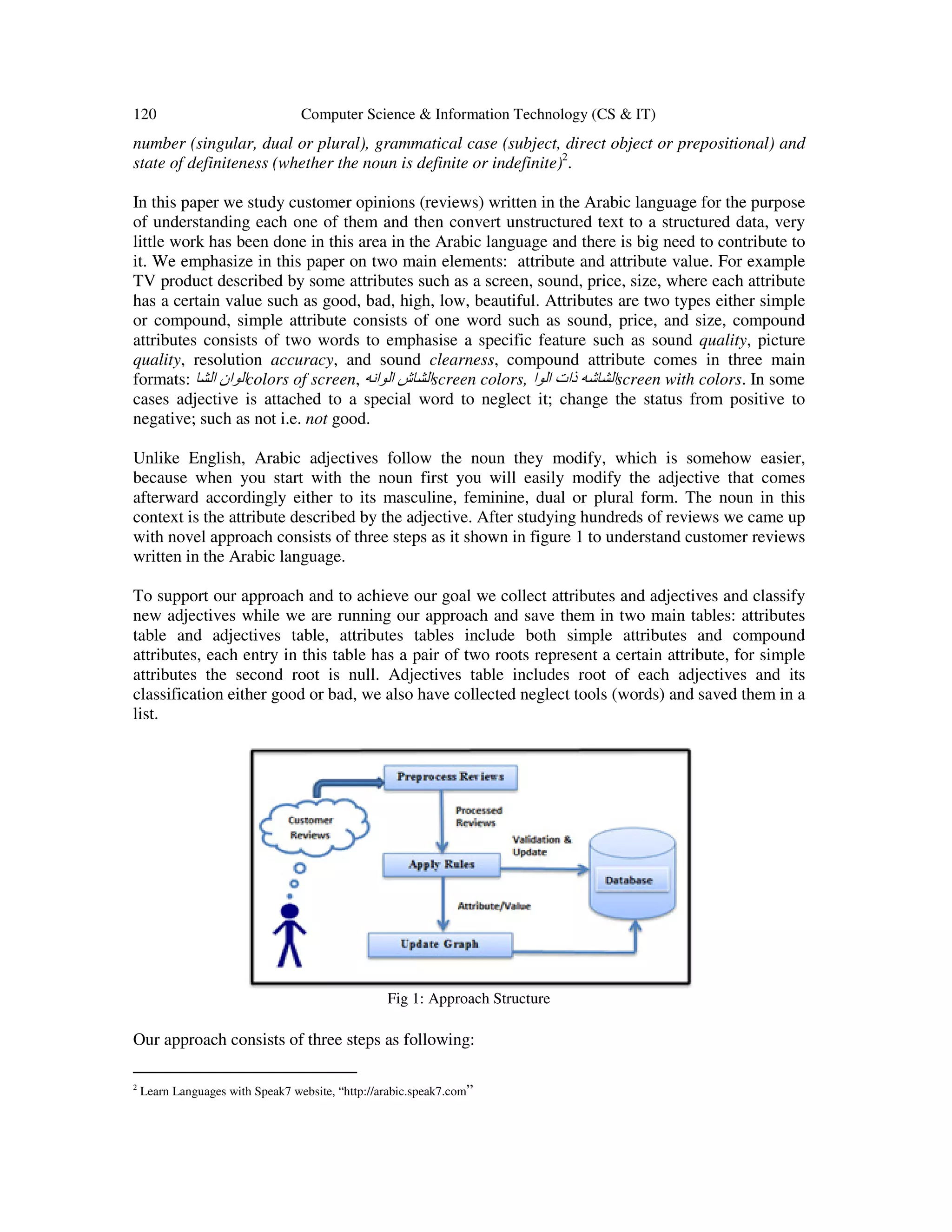 120 Computer Science & Information Technology (CS & IT) number (singular, dual or plural), grammatical case (subject, direct object or prepositional) and state of definiteness (whether the noun is definite or indefinite)2 . In this paper we study customer opinions (reviews) written in the Arabic language for the purpose of understanding each one of them and then convert unstructured text to a structured data, very little work has been done in this area in the Arabic language and there is big need to contribute to it. We emphasize in this paper on two main elements: attribute and attribute value. For example TV product described by some attributes such as a screen, sound, price, size, where each attribute has a certain value such as good, bad, high, low, beautiful. Attributes are two types either simple or compound, simple attribute consists of one word such as sound, price, and size, compound attributes consists of two words to emphasise a specific feature such as sound quality, picture quality, resolution accuracy, and sound clearness, compound attribute comes in three main formats: ‫الشا‬ ‫الوان‬colors of screen, ‫الوانه‬ ‫الشاش‬screen colors, ‫ذات‬ ‫الشاشه‬‫الوا‬ screen with colors. In some cases adjective is attached to a special word to neglect it; change the status from positive to negative; such as not i.e. not good. Unlike English, Arabic adjectives follow the noun they modify, which is somehow easier, because when you start with the noun first you will easily modify the adjective that comes afterward accordingly either to its masculine, feminine, dual or plural form. The noun in this context is the attribute described by the adjective. After studying hundreds of reviews we came up with novel approach consists of three steps as it shown in figure 1 to understand customer reviews written in the Arabic language. To support our approach and to achieve our goal we collect attributes and adjectives and classify new adjectives while we are running our approach and save them in two main tables: attributes table and adjectives table, attributes tables include both simple attributes and compound attributes, each entry in this table has a pair of two roots represent a certain attribute, for simple attributes the second root is null. Adjectives table includes root of each adjectives and its classification either good or bad, we also have collected neglect tools (words) and saved them in a list. Fig 1: Approach Structure Our approach consists of three steps as following: 2 Learn Languages with Speak7 website, “http://arabic.speak7.com” 