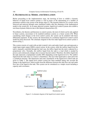 100 Computer Science & Information Technology (CS & IT)
3. MATHEMATICAL MODEL AND SIMULATION
Before proceeding to the implementation stage, the knowing of how to exhibit a dynamic
behavior of liquid level control systems is vital in terms of the determining of a number of
parameters related to the system in the design stage [7]. The dynamic behavior of a system can be
observed and analyzed through some simulation studies after the obtaining of the mathematical
model to the system [8]. As in many physical systems, liquid level control systems also exhibit a
non-linear dynamic behavior due to the inherent characteristics [9].
Nevertheless, the theories and theorems in control systems, the most of which can be only applied
to linear systems, necessitates to be modeled nonlinear systems as a linear system [10]. When
considering small changes in the level control system, the system can be modeled with linear
differential equations. In this section, the linearization of a nonlinear liquid level control system
model has been discussed. The schematic diagram of the first order liquid level control system is
shown in Fig. 2.
This system consists of a tank with an inlet (control) valve and outlet (load) vane and represents a
single input single output (SISO) control system. In the system, while the outflow liquid from the
tank is manually controlled through the load vane, the inflow liquid into the tank is adjusted by a
proportional valve. Normally, the outflow liquid from the tank is a load which is needed by
process and continuously changes due to reasons beyond control. Therefore, the inflow liquid into
the tank represents a manipulated variable (MV) depending on the liquid level [11]. The outflow
liquid from the tank refers to a load or a disturbance. The top of the liquid tank is open and it has
a cylindrical structure. The dimensions and some calculations of the liquid level control tank are
given in Table 2. The liquid level control system has been modeled taking into account the
change in the liquid level, which results from the difference between the inlet flow rate and outlet
flow rate of the liquid in the tank. This system can be considered as a simple circuit including a
capacity and a resistance.
Figure 2. A schematic diagram of the liquid level control system
 