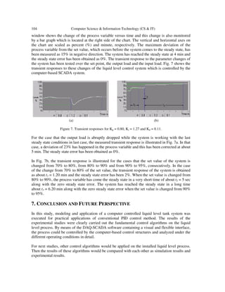 104 Computer Science & Information Technology (CS & IT)
window shows the change of the process variable versus time and this change is also monitored
by a bar graph which is located at the right side of the chart. The vertical and horizontal axes on
the chart are scaled as percent (%) and minute, respectively. The maximum deviation of the
process variable from the set value, which occurs before the system comes to the steady state, has
been measured as 15% in negative direction. The system has reached the steady state at 4 min and
the steady state error has been obtained as 0%. The transient response to the parameter changes of
the system has been tested over the set point, the output load and the input load. Fig. 7 shows the
transient responses to these changes of the liquid level control system which is controlled by the
computer-based SCADA system.
(a) (b)
Figure 7. Transient responses for Kp = 0.80, Ki = 1.27 and Kd = 0.11.
For the case that the output load is abruptly dropped while the system is working with the last
steady state conditions in last case, the measured transient response is illustrated in Fig. 7a. In that
case, a deviation of 23% has happened in the process variable and this has been corrected at about
5 min. The steady state error has been obtained as 0%.
In Fig. 7b, the transient response is illustrated for the cases that the set value of the system is
changed from 70% to 80%, from 80% to 90% and from 90% to 95%, consecutively. In the case
of the change from 70% to 80% of the set value, the transient response of the system is obtained
as about t1 = 1.20 min and the steady state error has been 2%. When the set value is changed from
80% to 90%, the process variable has come the steady state in a very short time of about t2 = 5 sec
along with the zero steady state error. The system has reached the steady state in a long time
about t3 = 6.20 min along with the zero steady state error when the set value is changed from 90%
to 95%.
7. CONCLUSION AND FUTURE PERSPECTIVE
In this study, modeling and application of a computer controlled liquid level tank system was
executed for practical applications of conventional PID control method. The results of the
experimental studies were clearly carried out the fundamental control algorithms on the liquid
level process. By means of the DAQ-SCADA software containing a visual and flexible interface,
the process could be controlled by the computer-based control structures and analyzed under the
different operating conditions in detail.
For next studies, other control algorithms would be applied on the installed liquid level process.
Then the results of these algorithms would be compared with each other as simulation results and
experimental results.
 