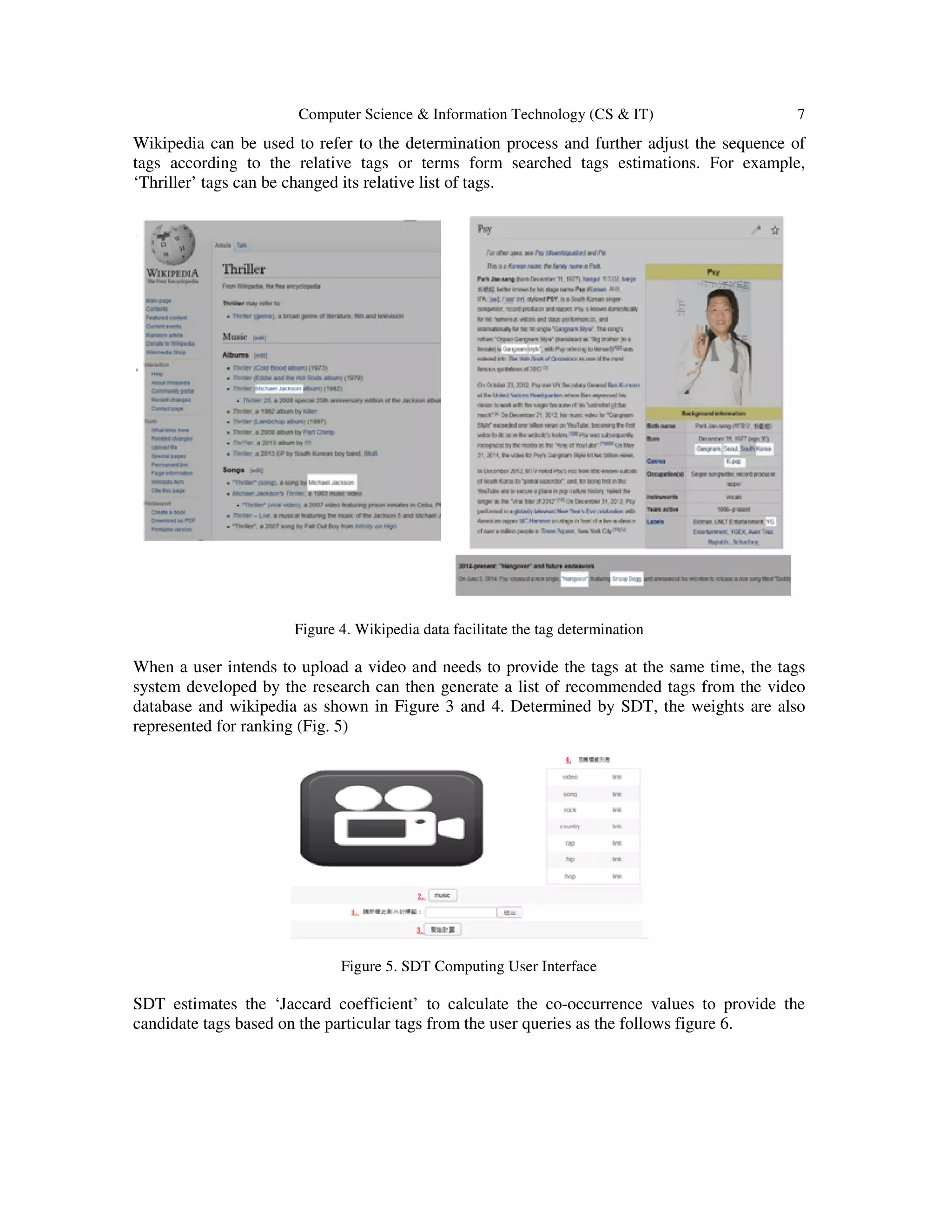 Computer Science & Information Technology (CS & IT)
Wikipedia can be used to refer to the determination process and further adjust the sequence of
tags according to the relative tags or terms form
‘Thriller’ tags can be changed its relative list of tags.
Figure 4. Wikipedia data facilitate the tag determination
When a user intends to upload a video and needs to provide the tags at the same time, the tags
system developed by the research can then generate a list of recommended tags from the video
database and wikipedia as shown in
represented for ranking (Fig. 5)
Figure 5. SDT Computing User Interface
SDT estimates the ‘Jaccard coefficient’ to calculate the co
candidate tags based on the particular tags from the user queries
Computer Science & Information Technology (CS & IT)
Wikipedia can be used to refer to the determination process and further adjust the sequence of
tags according to the relative tags or terms form searched tags estimations. For example,
‘Thriller’ tags can be changed its relative list of tags.
Figure 4. Wikipedia data facilitate the tag determination
When a user intends to upload a video and needs to provide the tags at the same time, the tags
system developed by the research can then generate a list of recommended tags from the video
as shown in Figure 3 and 4. Determined by SDT, the weights are also
Figure 5. SDT Computing User Interface
SDT estimates the ‘Jaccard coefficient’ to calculate the co-occurrence values to provide the
candidate tags based on the particular tags from the user queries as the follows figure 6
7
Wikipedia can be used to refer to the determination process and further adjust the sequence of
searched tags estimations. For example,
When a user intends to upload a video and needs to provide the tags at the same time, the tags
system developed by the research can then generate a list of recommended tags from the video
he weights are also
occurrence values to provide the
as the follows figure 6.
 