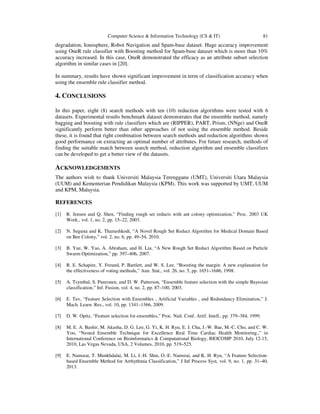 Computer Science & Information Technology (CS & IT) 81
degradation, Ionosphere, Robot Navigation and Spam-base dataset. Huge accuracy improvement
using OneR rule classifier with Boosting method for Spam-base dataset which is more than 10%
accuracy increased. In this case, OneR demonstrated the efficacy as an attribute subset selection
algorithm in similar cases in [20].
In summary, results have shown significant improvement in term of classification accuracy when
using the ensemble rule classifier method.
4. CONCLUSIONS
In this paper, eight (8) search methods with ten (10) reduction algorithms were tested with 6
datasets. Experimental results benchmark dataset demonstrates that the ensemble method, namely
bagging and boosting with rule classifiers which are (RIPPER), PART, Prism, (NNge) and OneR
significantly perform better than other approaches of not using the ensemble method. Beside
these, it is found that right combination between search methods and reduction algorithms shown
good performance on extracting an optimal number of attributes. For future research, methods of
finding the suitable match between search method, reduction algorithm and ensemble classifiers
can be developed to get a better view of the datasets.
ACKNOWLEDGEMENTS
The authors wish to thank Universiti Malaysia Terengganu (UMT), Universiti Utara Malaysia
(UUM) and Kementerian Pendidikan Malaysia (KPM). This work was supported by UMT, UUM
and KPM, Malaysia.
REFERENCES
[1] R. Jensen and Q. Shen, “Finding rough set reducts with ant colony optimization,” Proc. 2003 UK
Work., vol. 1, no. 2, pp. 15–22, 2003.
[2] N. Suguna and K. Thanushkodi, “A Novel Rough Set Reduct Algorithm for Medical Domain Based
on Bee Colony,” vol. 2, no. 6, pp. 49–54, 2010.
[3] B. Yue, W. Yao, A. Abraham, and H. Liu, “A New Rough Set Reduct Algorithm Based on Particle
Swarm Optimization,” pp. 397–406, 2007.
[4] R. E. Schapire, Y. Freund, P. Bartlett, and W. S. Lee, “Boosting the margin: A new explanation for
the effectiveness of voting methods,” Ann. Stat., vol. 26, no. 5, pp. 1651–1686, 1998.
[5] A. Tsymbal, S. Puuronen, and D. W. Patterson, “Ensemble feature selection with the simple Bayesian
classification,” Inf. Fusion, vol. 4, no. 2, pp. 87–100, 2003.
[6] E. Tuv, “Feature Selection with Ensembles , Artificial Variables , and Redundancy Elimination,” J.
Mach. Learn. Res., vol. 10, pp. 1341–1366, 2009.
[7] D. W. Opitz, “Feature selection for ensembles,” Proc. Natl. Conf. Artif. Intell., pp. 379–384, 1999.
[8] M. E. A. Bashir, M. Akasha, D. G. Lee, G. Yi, K. H. Ryu, E. J. Cha, J.-W. Bae, M.-C. Cho, and C. W.
Yoo, “Nested Ensemble Technique for Excellence Real Time Cardiac Health Monitoring.,” in
International Conference on Bioinformatics & Computational Biology, BIOCOMP 2010, July 12-15,
2010, Las Vegas Nevada, USA, 2 Volumes, 2010, pp. 519–525.
[9] E. Namsrai, T. Munkhdalai, M. Li, J.-H. Shin, O.-E. Namsrai, and K. H. Ryu, “A Feature Selection-
based Ensemble Method for Arrhythmia Classification,” J Inf Process Syst, vol. 9, no. 1, pp. 31–40,
2013.
 
