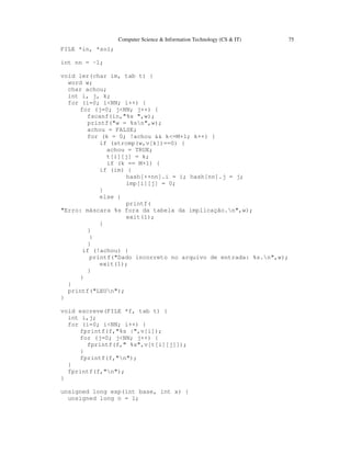 Computer Science & Information Technology (CS & IT) 75
FILE *in, *sol;
int nn = -1;
void ler(char im, tab t) {
word w;
char achou;
int i, j, k;
for (i=0; i<NN; i++) {
for (j=0; j<NN; j++) {
fscanf(in,"%s ",w);
printf("w = %sn",w);
achou = FALSE;
for (k = 0; !achou && k<=M+1; k++) {
if (strcmp(w,v[k])==0) {
achou = TRUE;
t[i][j] = k;
if (k == M+1) {
if (im) {
hash[++nn].i = i; hash[nn].j = j;
imp[i][j] = 0;
}
else {
printf(
"Erro: máscara %s fora da tabela da implicação.n",w);
exit(1);
}
}
}
}
if (!achou) {
printf("Dado incorreto no arquivo de entrada: %s.n",w);
exit(1);
}
}
}
printf("LEUn");
}
void escreve(FILE *f, tab t) {
int i,j;
for (i=0; i<NN; i++) {
fprintf(f,"%s |",v[i]);
for (j=0; j<NN; j++) {
fprintf(f," %s",v[t[i][j]]);
}
fprintf(f,"n");
}
fprintf(f,"n");
}
unsigned long exp(int base, int x) {
unsigned long n = 1;
 