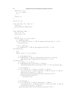 76 Computer Science & Information Technology (CS & IT)
while (x > 0) {
n = n * base;
x--;
}
return n;
}
tab A, B, C;
void err(char *e, char n) {
(*e)++;
printf("Erro #%dn",n);
}
char mask(tab imp) {
int a, b, c;
char erro = 0;
a = 0;
while (erro == 0 && a<=M) {
// nagação dupla
if (a != NN && not[a] != NN && eqv[a][not[not[a]]] != TT)
err(&erro,1);
// P1. Identity:
if (imp[a][a] != NN && eqv[imp[a][a]][TT] != TT)
err(&erro,2);
b=0;
while (erro == 0 && b<=M) {
// contrapositiva
if (imp[a][b] != NN && imp[not[b]][not[a]] != NN &&
eqv[imp[a][b]][imp[not[b]][not[a]]] != TT)
err(&erro,3);
// a and b --> a or b
if (imp[and[a][b]][or[a][b]] != NN &&
eqv[imp[and[a][b]][or[a][b]]][TT] != TT) err(&erro,4);
// De Morgan 1
if (a != NN && b != NN && or[a][b] != NN &&
not[or[a][b]] != NN && not[a] != NN && not[b] != NN &&
and[not[a]][not[b]] != NN &&
eqv[not[or[a][b]]][and[not[a]][not[b]]]!=TT) {
printf("a=%d b=%dn");
err(&erro,5);
}
// De Morgan 2
if (a != NN && b != NN && and[a][b] != NN &&
not[and[a][b]] != NN && not[a] != NN && not[b] != NN &&
or[not[a]][not[b]] != NN &&
eqv[not[and[a][b]]][or[not[a]][not[b]]]!=TT) {
 