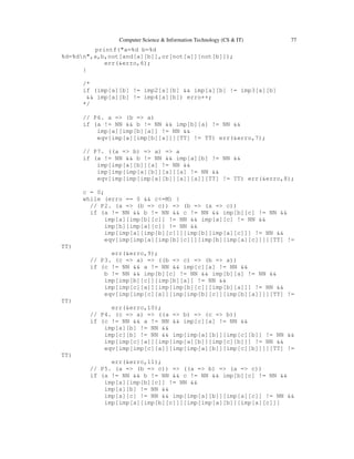 Computer Science & Information Technology (CS & IT) 77
printf("a=%d b=%d
%d=%dn",a,b,not[and[a][b]],or[not[a]][not[b]]);
err(&erro,6);
}
/*
if (imp[a][b] != imp2[a][b] && imp[a][b] != imp3[a][b]
&& imp[a][b] != imp4[a][b]) erro++;
*/
// P6. a => (b => a)
if (a != NN && b != NN && imp[b][a] != NN &&
imp[a][imp[b][a]] != NN &&
eqv[imp[a][imp[b][a]]][TT] != TT) err(&erro,7);
// P7. ((a => b) => a) => a
if (a != NN && b != NN && imp[a][b] != NN &&
imp[imp[a][b]][a] != NN &&
imp[imp[imp[a][b]][a]][a] != NN &&
eqv[imp[imp[imp[a][b]][a]][a]][TT] != TT) err(&erro,8);
c = 0;
while (erro == 0 && c<=M) {
// P2. (a => (b => c)) => (b => (a => c))
if (a != NN && b != NN && c != NN && imp[b][c] != NN &&
imp[a][imp[b][c]] != NN && imp[a][c] != NN &&
imp[b][imp[a][c]] != NN &&
imp[imp[a][imp[b][c]]][imp[b][imp[a][c]]] != NN &&
eqv[imp[imp[a][imp[b][c]]][imp[b][imp[a][c]]]][TT] !=
TT)
err(&erro,9);
// P3. (c => a) => ((b => c) => (b => a))
if (c != NN && a != NN && imp[c][a] != NN &&
b != NN && imp[b][c] != NN && imp[b][a] != NN &&
imp[imp[b][c]][imp[b][a]] != NN &&
imp[imp[c][a]][imp[imp[b][c]][imp[b][a]]] != NN &&
eqv[imp[imp[c][a]][imp[imp[b][c]][imp[b][a]]]][TT] !=
TT)
err(&erro,10);
// P4. (c => a) => ((a => b) => (c => b))
if (c != NN && a != NN && imp[c][a] != NN &&
imp[a][b] != NN &&
imp[c][b] != NN && imp[imp[a][b]][imp[c][b]] != NN &&
imp[imp[c][a]][imp[imp[a][b]][imp[c][b]]] != NN &&
eqv[imp[imp[c][a]][imp[imp[a][b]][imp[c][b]]]][TT] !=
TT)
err(&erro,11);
// P5. (a => (b => c)) => ((a => b) => (a => c))
if (a != NN && b != NN && c != NN && imp[b][c] != NN &&
imp[a][imp[b][c]] != NN &&
imp[a][b] != NN &&
imp[a][c] != NN && imp[imp[a][b]][imp[a][c]] != NN &&
imp[imp[a][imp[b][c]]][imp[imp[a][b]][imp[a][c]]]
 
