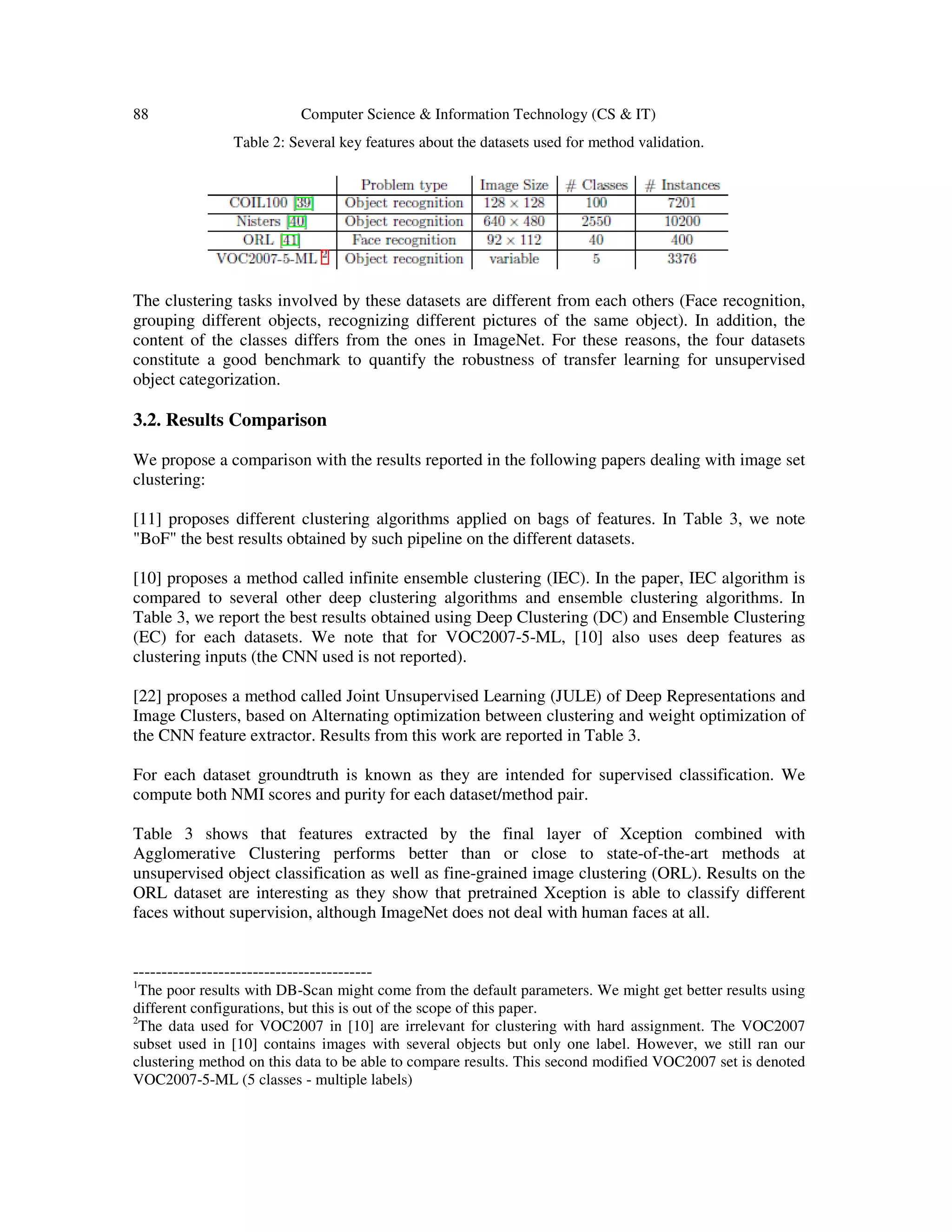 88 Computer Science & Information Technology (CS & IT)
Table 2: Several key features about the datasets used for method validation.
The clustering tasks involved by these datasets are different from each others (Face recognition,
grouping different objects, recognizing different pictures of the same object). In addition, the
content of the classes differs from the ones in ImageNet. For these reasons, the four datasets
constitute a good benchmark to quantify the robustness of transfer learning for unsupervised
object categorization.
3.2. Results Comparison
We propose a comparison with the results reported in the following papers dealing with image set
clustering:
[11] proposes different clustering algorithms applied on bags of features. In Table 3, we note
"BoF" the best results obtained by such pipeline on the different datasets.
[10] proposes a method called infinite ensemble clustering (IEC). In the paper, IEC algorithm is
compared to several other deep clustering algorithms and ensemble clustering algorithms. In
Table 3, we report the best results obtained using Deep Clustering (DC) and Ensemble Clustering
(EC) for each datasets. We note that for VOC2007-5-ML, [10] also uses deep features as
clustering inputs (the CNN used is not reported).
[22] proposes a method called Joint Unsupervised Learning (JULE) of Deep Representations and
Image Clusters, based on Alternating optimization between clustering and weight optimization of
the CNN feature extractor. Results from this work are reported in Table 3.
For each dataset groundtruth is known as they are intended for supervised classification. We
compute both NMI scores and purity for each dataset/method pair.
Table 3 shows that features extracted by the final layer of Xception combined with
Agglomerative Clustering performs better than or close to state-of-the-art methods at
unsupervised object classification as well as fine-grained image clustering (ORL). Results on the
ORL dataset are interesting as they show that pretrained Xception is able to classify different
faces without supervision, although ImageNet does not deal with human faces at all.
------------------------------------------
1
The poor results with DB-Scan might come from the default parameters. We might get better results using
different configurations, but this is out of the scope of this paper.
2
The data used for VOC2007 in [10] are irrelevant for clustering with hard assignment. The VOC2007
subset used in [10] contains images with several objects but only one label. However, we still ran our
clustering method on this data to be able to compare results. This second modified VOC2007 set is denoted
VOC2007-5-ML (5 classes - multiple labels)
 
