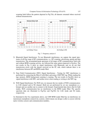 Computer Science & Information Technology (CS & IT) 137
scanning both follow the pattern depicted in Fig.7(b), all datasets streamed where received
without retransmission.
(a) Celluar Voice (b) Celluar LTE
Fig. 7. Frequency analysis I
2) Bluetooth Signal Interference: To test Bluetooth interference, we capture the signal spec-
trums of all four stage of BT communications, i.e., BT scanning, advertising, paring and data
transmission. The accumulated peak spectrums of all stages of BT communication, both with
and without RFID scanning activity, are followed the same pattern depicted in Fig.8(a). The
test results in Fig. 8 show no signal interference with Bluetooth, and we do not find
transmission errors with the dataset received on the PC side, which indicate there is no
interference between BT and RFID reader Mod.
3) Near Field Communication (NFC) Signal Interference : Testing for NFC interference is
performed by connecting the Moto Z with Mod, and using a NXP NFC tag. While reading the
tags memory, RFID background scanning is running. The test results in Fig.8(b) show no
signal interference with NFC, and neither errors when reading or writing to the NFC tag.
4) WiFi Signal Interference: For WiFi test, we measure the two modes of WiFi communication:
in 2.4G channel and in 5G channel. Both test are performed by set one smartphone as a
hotspot and use another one to connect to the hotspot. Experimental data shows that for both
modes, WiFi communication has no interference to the RFID reader Mod. The specific
spectrum data are illustrated in Fig.9(a) and Fig.9(b) for 2.4G mode and 5G mode,
respectively.
As illustrated in the five experiments above, our UHF RFID reader Mod has no interference on
mainstream smartphone connectivity systems, which means our design is able to coexist with the
native wireless sensors and communication modules.
 