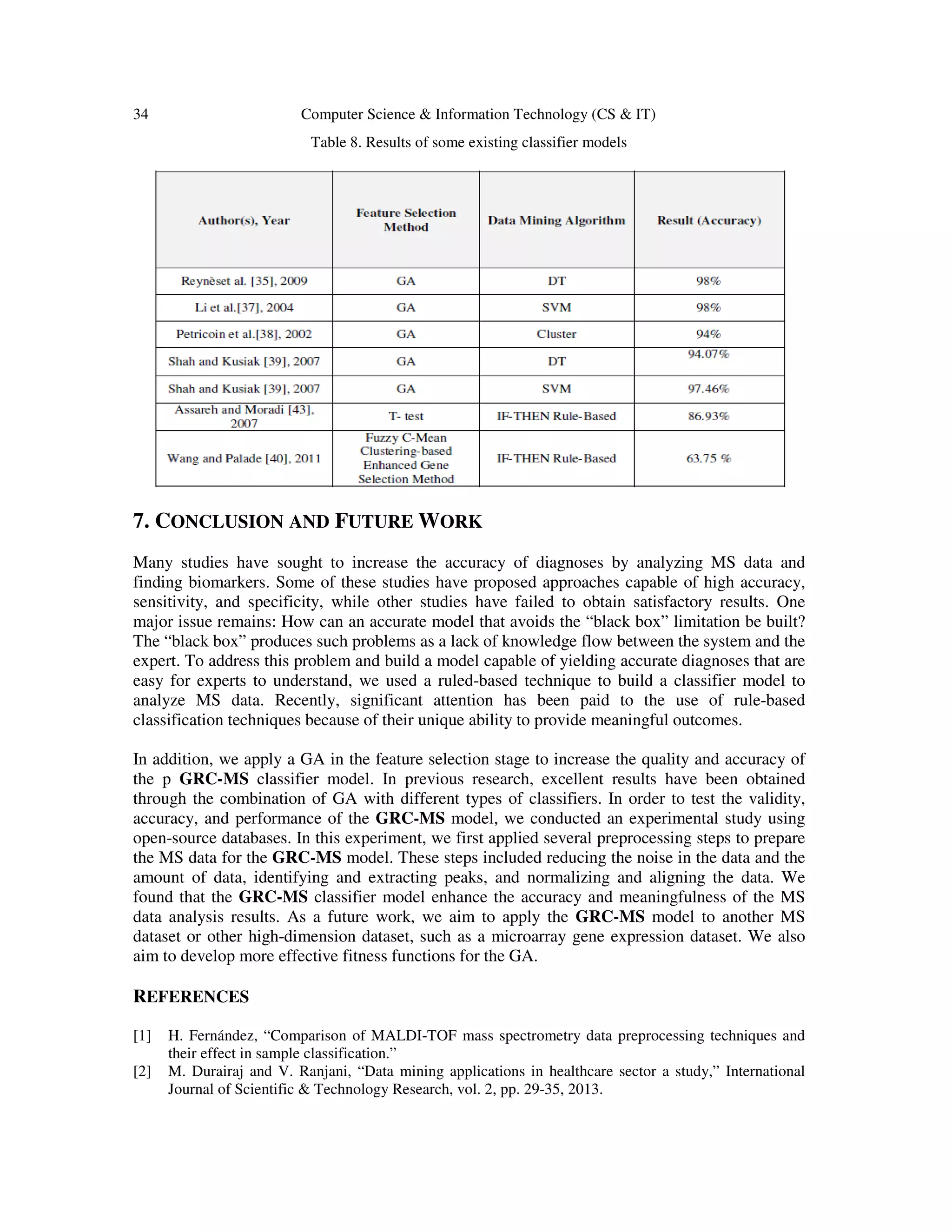 34 Computer Science & Information Technology (CS & IT)
Table 8. Results of some existing classifier models
7. CONCLUSION AND FUTURE WORK
Many studies have sought to increase the accuracy of diagnoses by analyzing MS data and
finding biomarkers. Some of these studies have proposed approaches capable of high accuracy,
sensitivity, and specificity, while other studies have failed to obtain satisfactory results. One
major issue remains: How can an accurate model that avoids the “black box” limitation be built?
The “black box” produces such problems as a lack of knowledge flow between the system and the
expert. To address this problem and build a model capable of yielding accurate diagnoses that are
easy for experts to understand, we used a ruled-based technique to build a classifier model to
analyze MS data. Recently, significant attention has been paid to the use of rule-based
classification techniques because of their unique ability to provide meaningful outcomes.
In addition, we apply a GA in the feature selection stage to increase the quality and accuracy of
the p GRC-MS classifier model. In previous research, excellent results have been obtained
through the combination of GA with different types of classifiers. In order to test the validity,
accuracy, and performance of the GRC-MS model, we conducted an experimental study using
open-source databases. In this experiment, we first applied several preprocessing steps to prepare
the MS data for the GRC-MS model. These steps included reducing the noise in the data and the
amount of data, identifying and extracting peaks, and normalizing and aligning the data. We
found that the GRC-MS classifier model enhance the accuracy and meaningfulness of the MS
data analysis results. As a future work, we aim to apply the GRC-MS model to another MS
dataset or other high-dimension dataset, such as a microarray gene expression dataset. We also
aim to develop more effective fitness functions for the GA.
REFERENCES
[1] H. Fernández, “Comparison of MALDI-TOF mass spectrometry data preprocessing techniques and
their effect in sample classification.”
[2] M. Durairaj and V. Ranjani, “Data mining applications in healthcare sector a study,” International
Journal of Scientific & Technology Research, vol. 2, pp. 29-35, 2013.
 