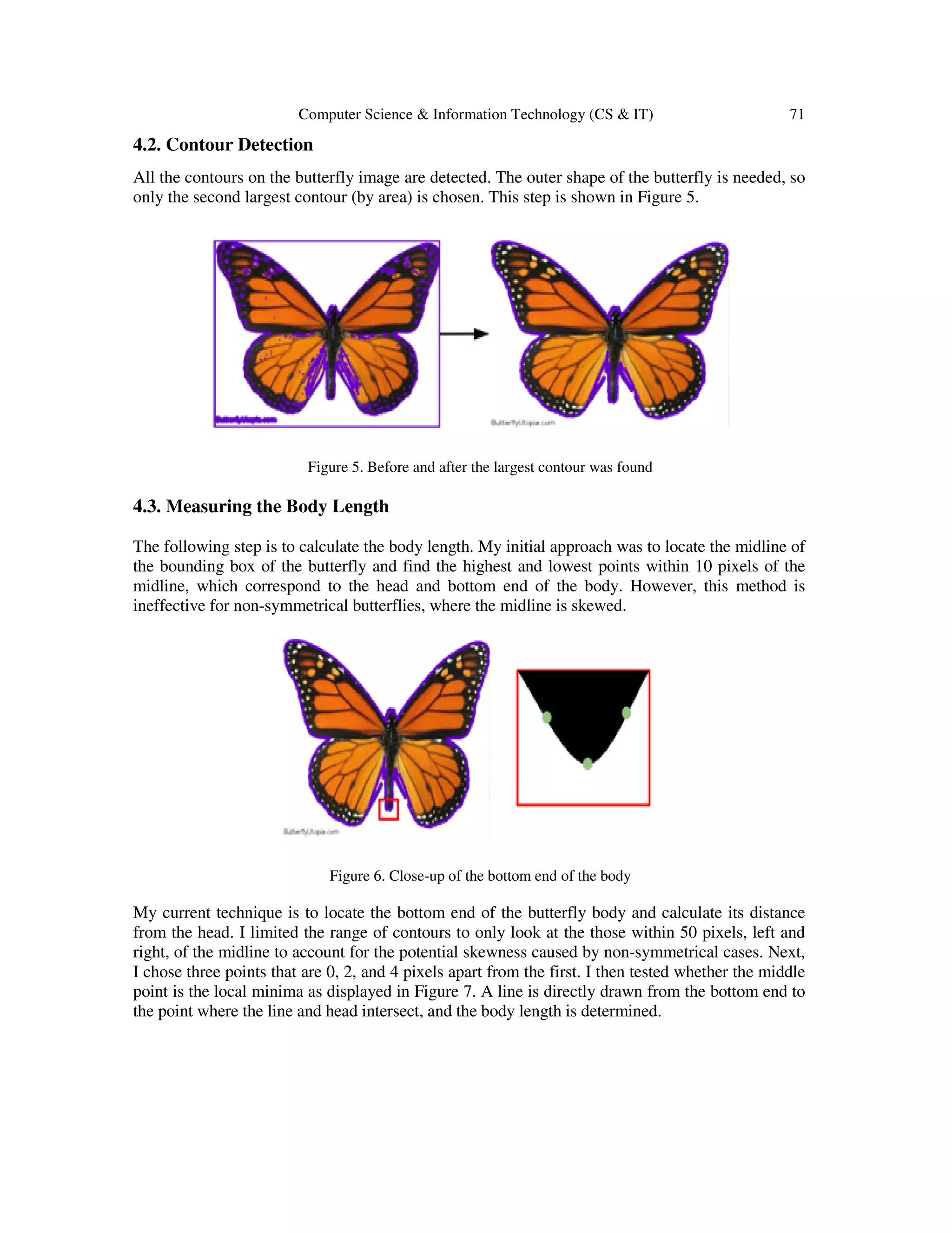 Computer Science & Information Technology (CS & IT) 71
4.2. Contour Detection
All the contours on the butterfly image are detected. The outer shape of the butterfly is needed, so
only the second largest contour (by area) is chosen. This step is shown in Figure 5.
Figure 5. Before and after the largest contour was found
4.3. Measuring the Body Length
The following step is to calculate the body length. My initial approach was to locate the midline of
the bounding box of the butterfly and find the highest and lowest points within 10 pixels of the
midline, which correspond to the head and bottom end of the body. However, this method is
ineffective for non-symmetrical butterflies, where the midline is skewed.
Figure 6. Close-up of the bottom end of the body
My current technique is to locate the bottom end of the butterfly body and calculate its distance
from the head. I limited the range of contours to only look at the those within 50 pixels, left and
right, of the midline to account for the potential skewness caused by non-symmetrical cases. Next,
I chose three points that are 0, 2, and 4 pixels apart from the first. I then tested whether the middle
point is the local minima as displayed in Figure 7. A line is directly drawn from the bottom end to
the point where the line and head intersect, and the body length is determined.
 