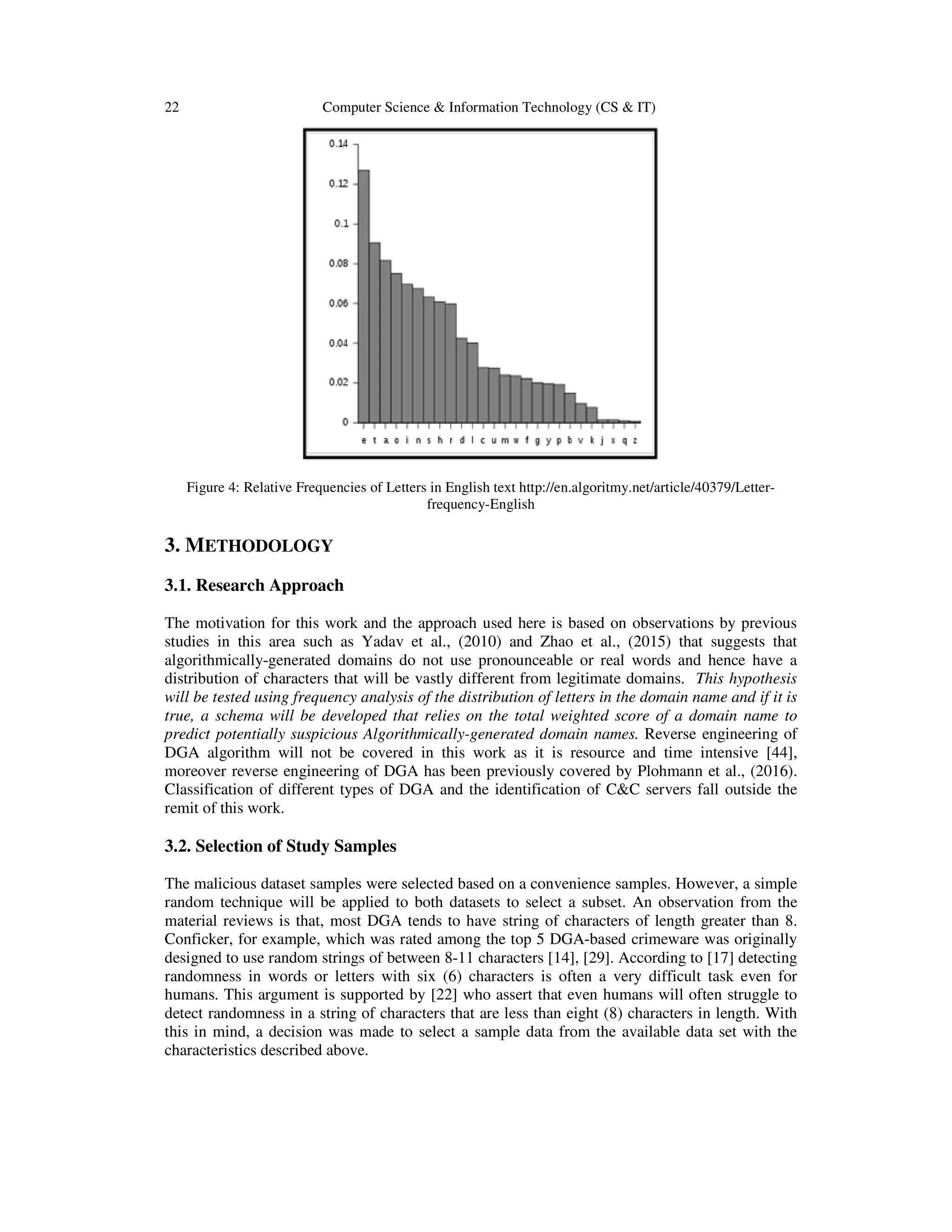 22 Computer Science & Information Technology (CS & IT) Figure 4: Relative Frequencies of Letters in English text http://en.algoritmy.net/article/40379/Letter- frequency-English 3. METHODOLOGY 3.1. Research Approach The motivation for this work and the approach used here is based on observations by previous studies in this area such as Yadav et al., (2010) and Zhao et al., (2015) that suggests that algorithmically-generated domains do not use pronounceable or real words and hence have a distribution of characters that will be vastly different from legitimate domains. This hypothesis will be tested using frequency analysis of the distribution of letters in the domain name and if it is true, a schema will be developed that relies on the total weighted score of a domain name to predict potentially suspicious Algorithmically-generated domain names. Reverse engineering of DGA algorithm will not be covered in this work as it is resource and time intensive [44], moreover reverse engineering of DGA has been previously covered by Plohmann et al., (2016). Classification of different types of DGA and the identification of C&C servers fall outside the remit of this work. 3.2. Selection of Study Samples The malicious dataset samples were selected based on a convenience samples. However, a simple random technique will be applied to both datasets to select a subset. An observation from the material reviews is that, most DGA tends to have string of characters of length greater than 8. Conficker, for example, which was rated among the top 5 DGA-based crimeware was originally designed to use random strings of between 8-11 characters [14], [29]. According to [17] detecting randomness in words or letters with six (6) characters is often a very difficult task even for humans. This argument is supported by [22] who assert that even humans will often struggle to detect randomness in a string of characters that are less than eight (8) characters in length. With this in mind, a decision was made to select a sample data from the available data set with the characteristics described above. 