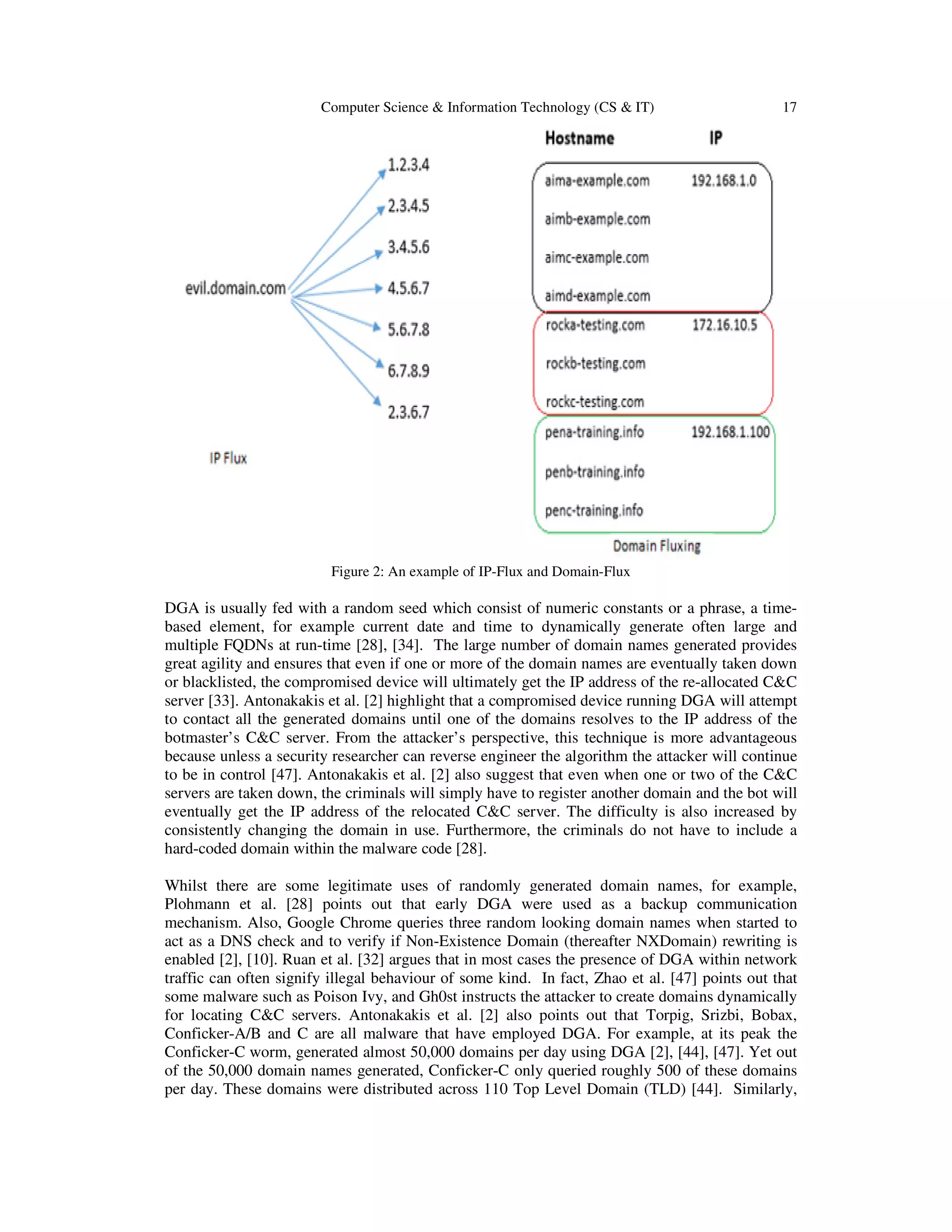 Computer Science & Information Technology (CS & IT) 17 Figure 2: An example of IP-Flux and Domain-Flux DGA is usually fed with a random seed which consist of numeric constants or a phrase, a time- based element, for example current date and time to dynamically generate often large and multiple FQDNs at run-time [28], [34]. The large number of domain names generated provides great agility and ensures that even if one or more of the domain names are eventually taken down or blacklisted, the compromised device will ultimately get the IP address of the re-allocated C&C server [33]. Antonakakis et al. [2] highlight that a compromised device running DGA will attempt to contact all the generated domains until one of the domains resolves to the IP address of the botmaster’s C&C server. From the attacker’s perspective, this technique is more advantageous because unless a security researcher can reverse engineer the algorithm the attacker will continue to be in control [47]. Antonakakis et al. [2] also suggest that even when one or two of the C&C servers are taken down, the criminals will simply have to register another domain and the bot will eventually get the IP address of the relocated C&C server. The difficulty is also increased by consistently changing the domain in use. Furthermore, the criminals do not have to include a hard-coded domain within the malware code [28]. Whilst there are some legitimate uses of randomly generated domain names, for example, Plohmann et al. [28] points out that early DGA were used as a backup communication mechanism. Also, Google Chrome queries three random looking domain names when started to act as a DNS check and to verify if Non-Existence Domain (thereafter NXDomain) rewriting is enabled [2], [10]. Ruan et al. [32] argues that in most cases the presence of DGA within network traffic can often signify illegal behaviour of some kind. In fact, Zhao et al. [47] points out that some malware such as Poison Ivy, and Gh0st instructs the attacker to create domains dynamically for locating C&C servers. Antonakakis et al. [2] also points out that Torpig, Srizbi, Bobax, Conficker-A/B and C are all malware that have employed DGA. For example, at its peak the Conficker-C worm, generated almost 50,000 domains per day using DGA [2], [44], [47]. Yet out of the 50,000 domain names generated, Conficker-C only queried roughly 500 of these domains per day. These domains were distributed across 110 Top Level Domain (TLD) [44]. Similarly, 