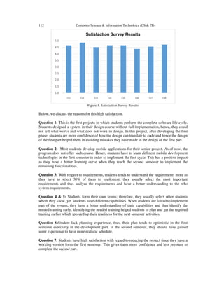 112 Computer Science & Information Technology (CS & IT)
Figure 1. Satisfaction Survey Results
Below, we discuss the reasons for this high satisfaction.
Question 1: This is the first projects in which students perform the complete software life cycle.
Students designed a system in their design course without full implementation, hence, they could
not tell what works and what does not work in design. In this project, after developing the first
phase, students are more confidence of how the design can translate to code and hence the design
of the first part helped them in avoiding mistakes they have made in the design of the first part.
Question 2: Most students develop mobile applications for their senior project. As of now, the
program does not offer such course. Hence, students have to learn different mobile development
technologies in the first semester in order to implement the first cycle. This has a positive impact
as they have a better learning curve when they reach the second semester to implement the
remaining functionalities.
Question 3: With respect to requirements, students tends to understand the requirements more as
they have to select 30% of them to implement, they usually select the most important
requirements and thus analyze the requirements and have a better understanding to the who
system requirements.
Question 4 & 5: Students form their own teams; therefore, they usually select other students
whom they know, yet, students have different capabilities. When students are forced to implement
part of the system, they have a better understanding of their capabilities and thus identify the
needed training early. Identifying the needed training helped students to plan and get the required
training earlier which speeded up their readiness for the next semester activities.
Question 6:Student lack planning experience, thus, their plan tends to optimistic in the first
semester especially in the development part. In the second semester, they should have gained
some experience to have more realistic schedule.
Question 7: Students have high satisfaction with regard to reducing the project since they have a
working version form the first semester. This gives them more confidence and less pressure to
complete the second part.
1.0
1.5
2.0
2.5
3.0
3.5
4.0
4.5
5.0
Q1 Q2 Q3 Q4 Q5 Q6 Q7 Q8
Satisfaction Survey Results
 