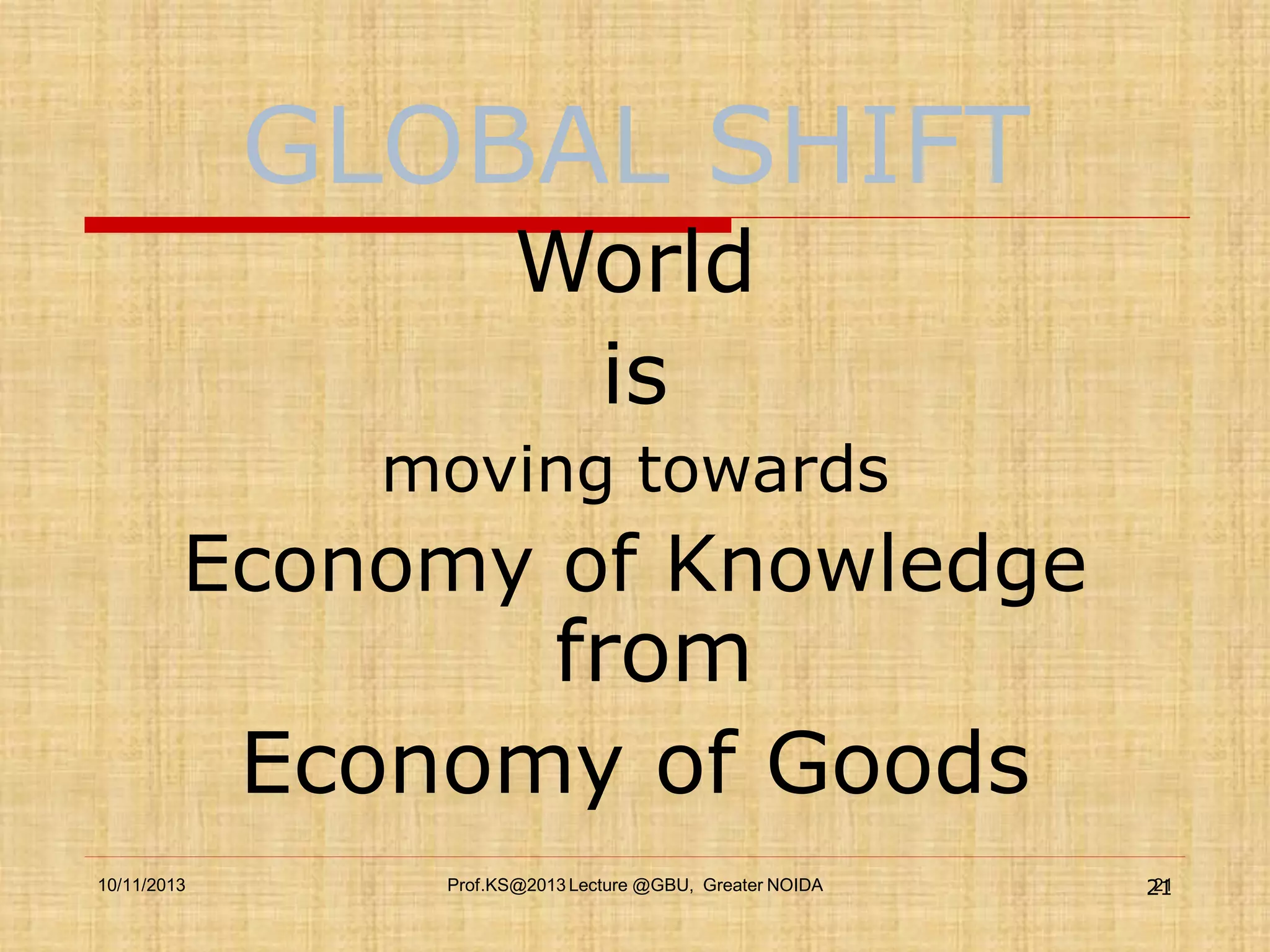 GLOBAL SHIFT
World
is
moving towards

Economy of Knowledge

from
Economy of Goods

10/11/2013

Prof.KS@2013 Lecture @GBU, Greater NOIDA

21
21

 
