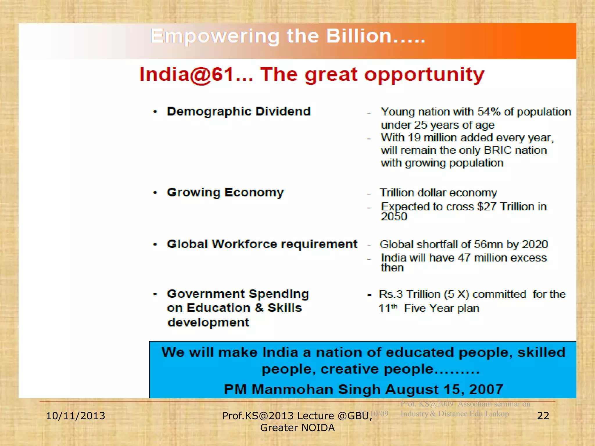 10/11/2013

02/10/09
Prof.KS@2013 Lecture @GBU,
Greater NOIDA

Prof. KS@2009 Assocham seminar on
Industry & Distance Edu Linkup
22

 