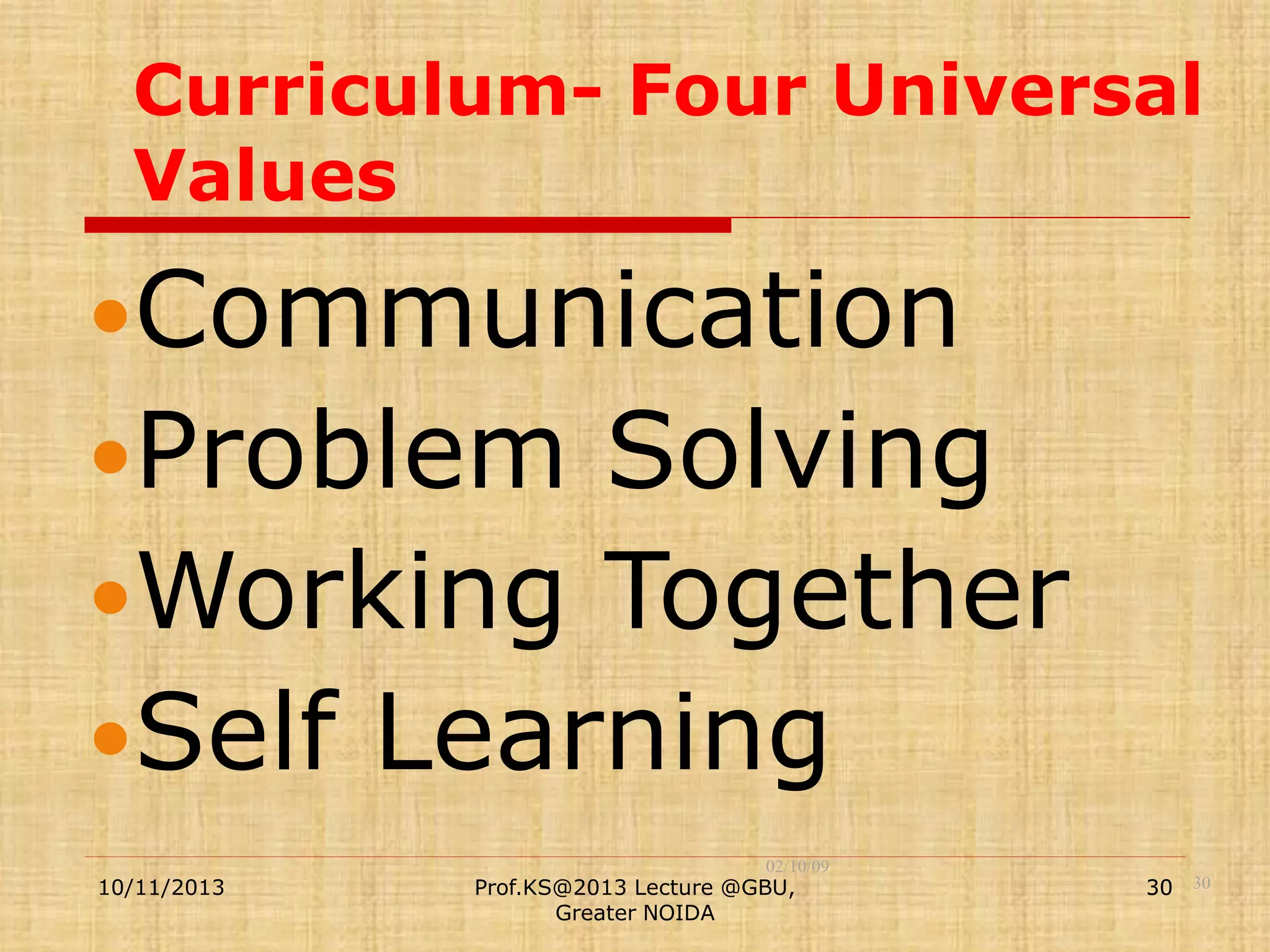 Curriculum- Four Universal
Values

Communication
Problem

Solving
Working Together
Self Learning
10/11/2013

02/10/09

Prof.KS@2013 Lecture @GBU,
Greater NOIDA

30 30

 