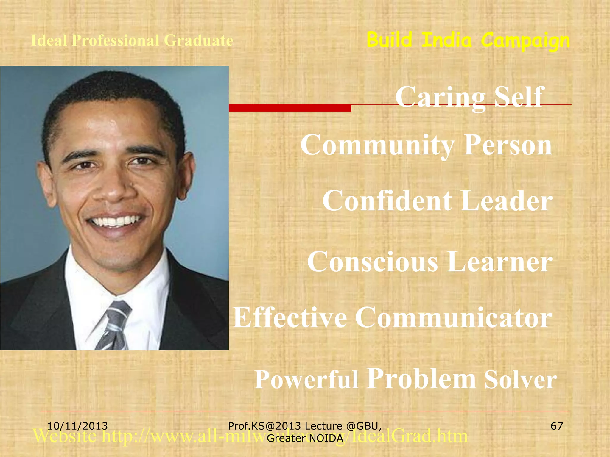 Ideal Professional Graduate

Build India Campaign

Caring Self

Community Person
Confident Leader
Conscious Learner
Effective Communicator
Powerful Problem Solver
10/11/2013

Prof.KS@2013 Lecture @GBU,
Greater NOIDA

Website http://www.all-milwaukee.org/IdealGrad.htm

67

 