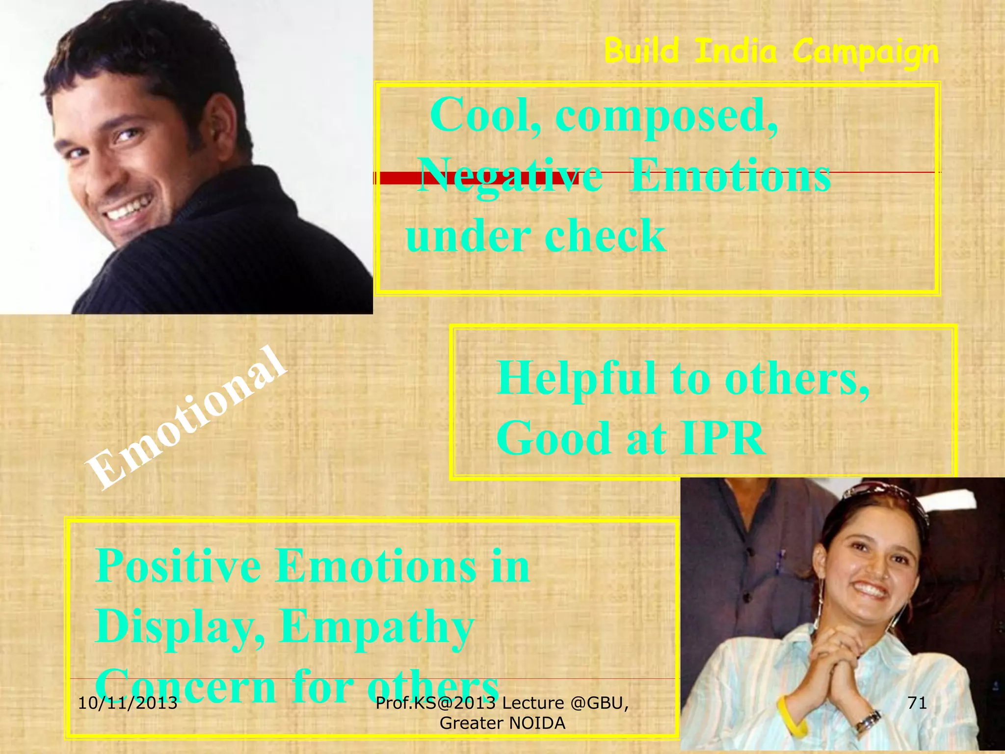 Build India Campaign

Cool, composed,
Negative Emotions
under check
Helpful to others,
Good at IPR

Positive Emotions in
Display, Empathy
Concern for others

10/11/2013

Prof.KS@2013 Lecture @GBU,
Greater NOIDA

71

 