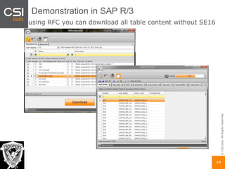 ©CSItools.AllRightsReserved.
10
Demonstration in SAP R/3
using RFC you can download all table content without SE16
 