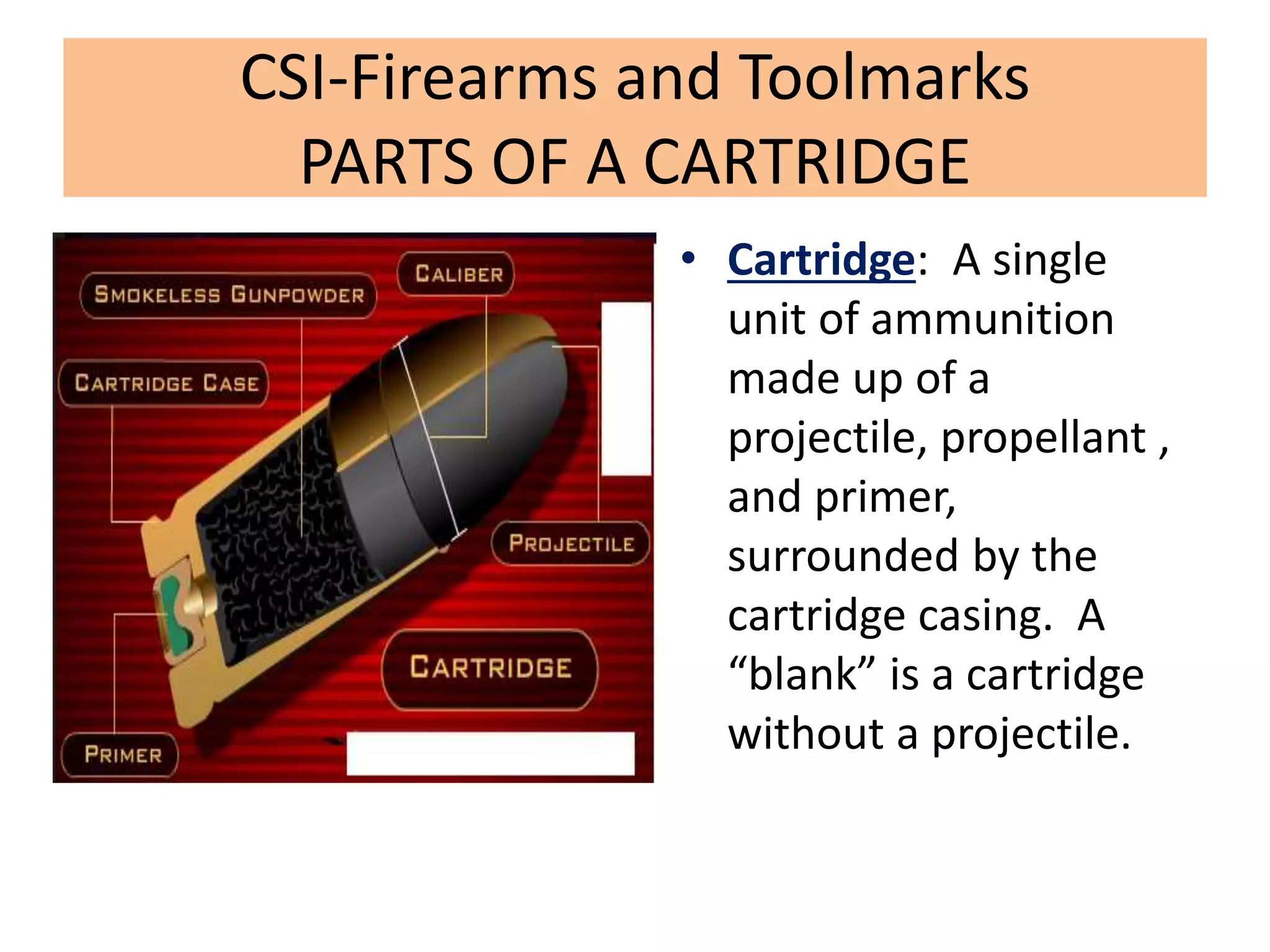 CSI-Firearms and Toolmarks
PARTS OF A CARTRIDGE
• Cartridge: A single
unit of ammunition
made up of a
projectile, propellant ,
and primer,
surrounded by the
cartridge casing. A
“blank” is a cartridge
without a projectile.
 