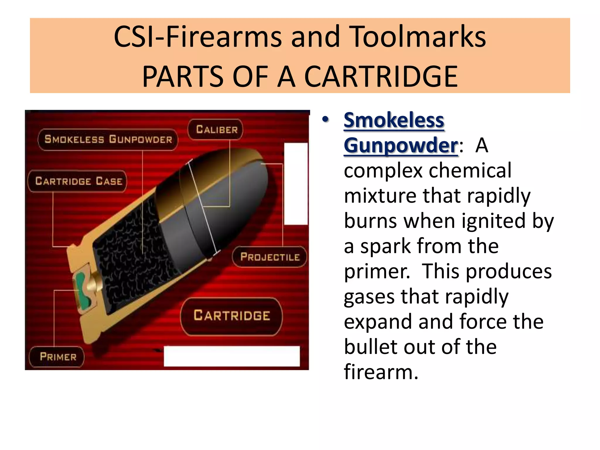 CSI-Firearms and Toolmarks
PARTS OF A CARTRIDGE
• Smokeless
Gunpowder: A
complex chemical
mixture that rapidly
burns when ignited by
a spark from the
primer. This produces
gases that rapidly
expand and force the
bullet out of the
firearm.
 