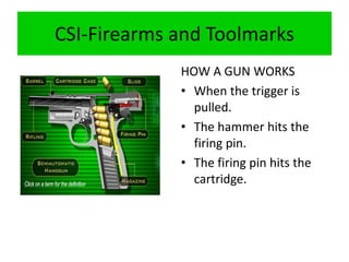 CSI-Firearms and Toolmarks
HOW A GUN WORKS
• When the trigger is
pulled.
• The hammer hits the
firing pin.
• The firing pin hits the
cartridge.
 