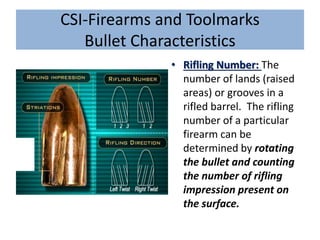 CSI-Firearms and Toolmarks
Bullet Characteristics
• Rifling Number: The
number of lands (raised
areas) or grooves in a
rifled barrel. The rifling
number of a particular
firearm can be
determined by rotating
the bullet and counting
the number of rifling
impression present on
the surface.
 