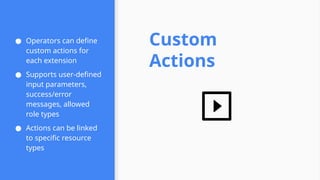 ● Operators can define
custom actions for
each extension
● Supports user-defined
input parameters,
success/error
messages, allowed
role types
● Actions can be linked
to specific resource
types
Custom
Actions
 