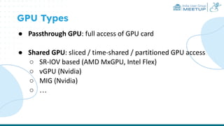 India User Group
MEETUP
GPU Types
● Passthrough GPU: full access of GPU card
● Shared GPU: sliced / time-shared / partitioned GPU access
○ SR-IOV based (AMD MxGPU, Intel Flex)
○ vGPU (Nvidia)
○ MIG (Nvidia)
○ …
 